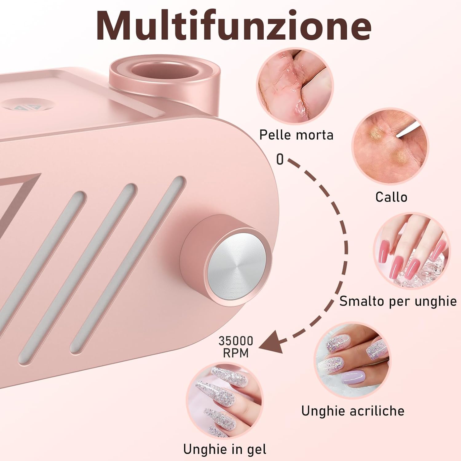 Detalle de Enniewi Fresa per Unghie Professionale 35000RPM – Lima Elettrica Rosa per manicure e pedicure