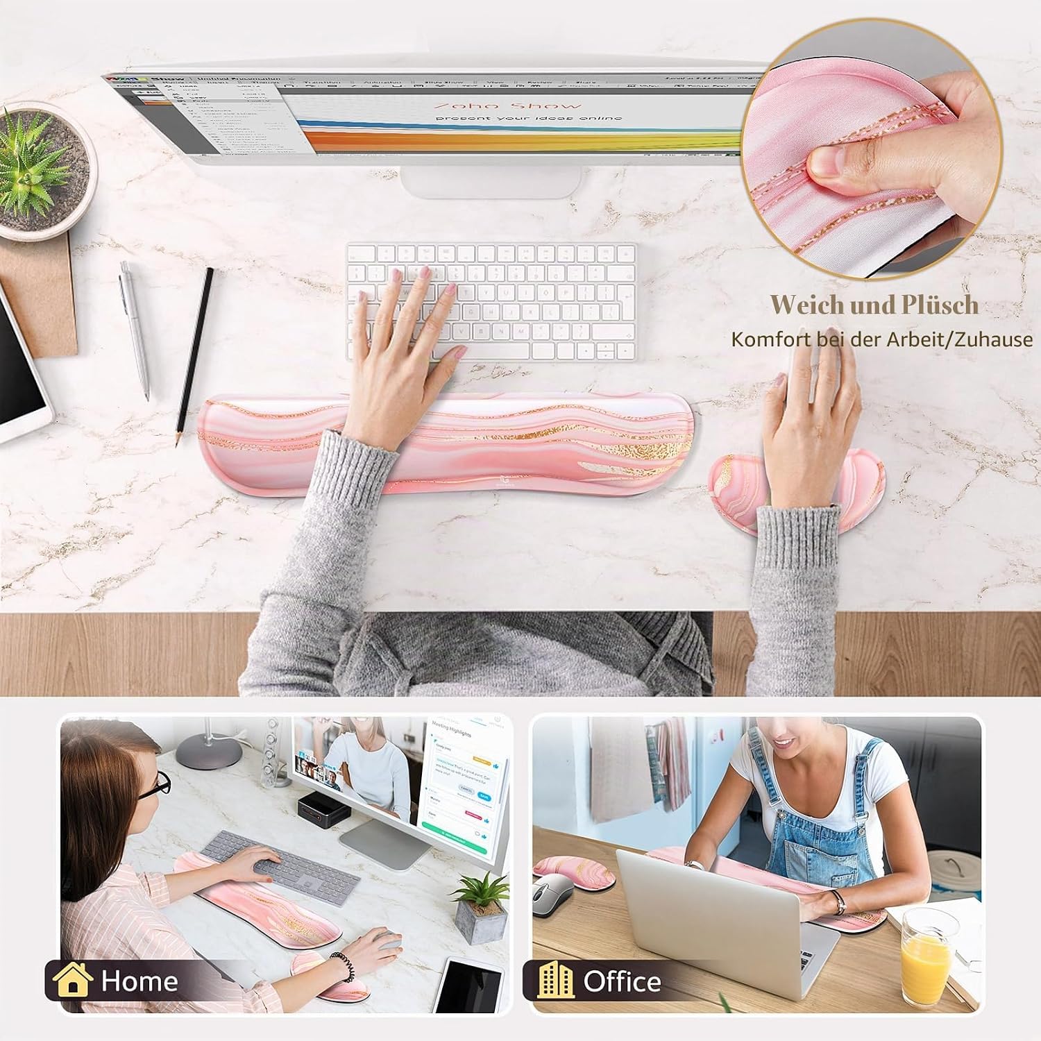 Thumbnail 6 de Gimars Handballenauflage Tastatur – Ergonomische Tastatur- und Mausauflage mit Memory-Foam, 3 cm Dicke, rosa/gold