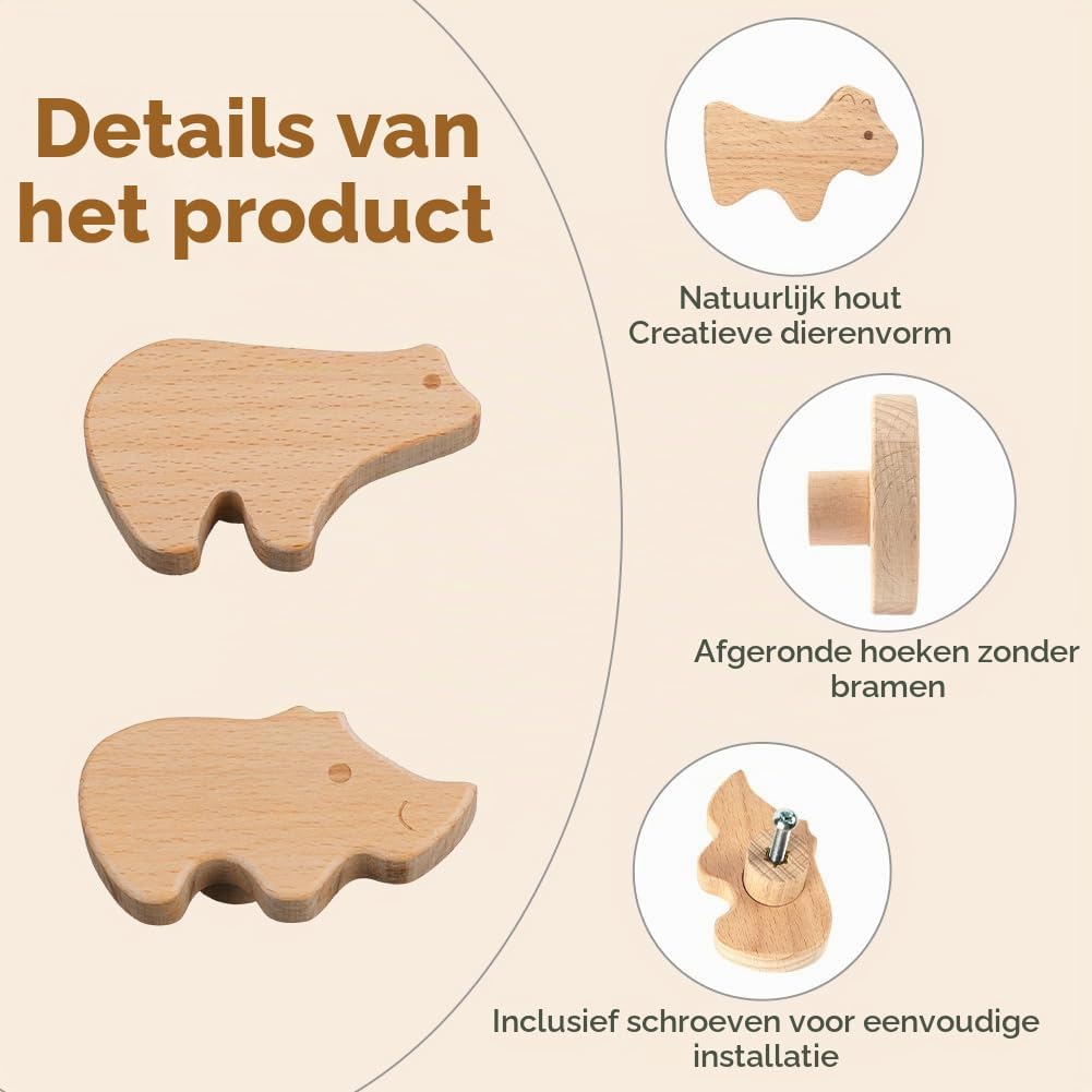 Detalle de Aolso houten meubelknoppen met dierenmotief, 12 stuks met schroeven