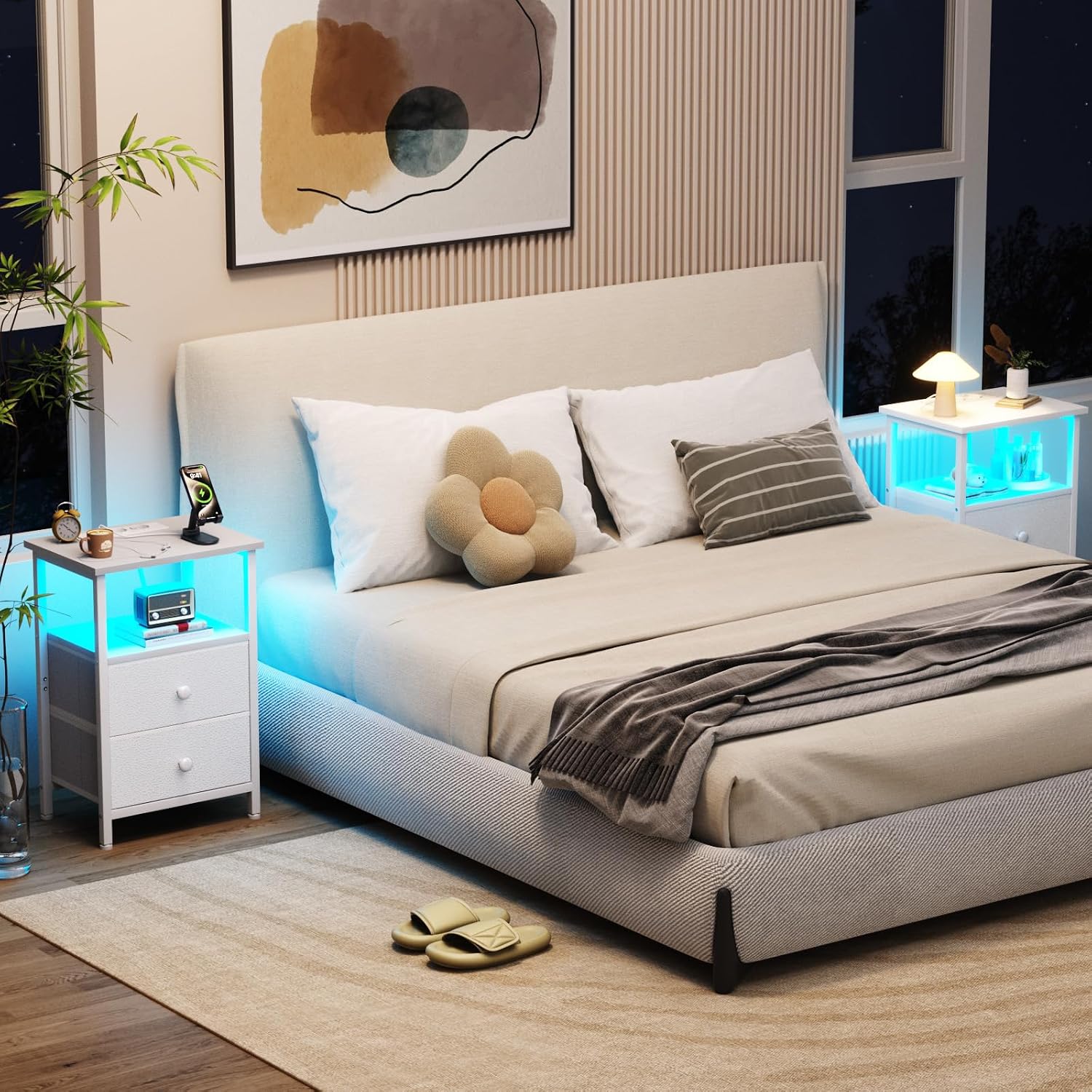 Detalle 2 de AMHANCIBLE HETS02WT-1 LED-nachtkastje met RGB-leds, stopcontacten en stoffen laden