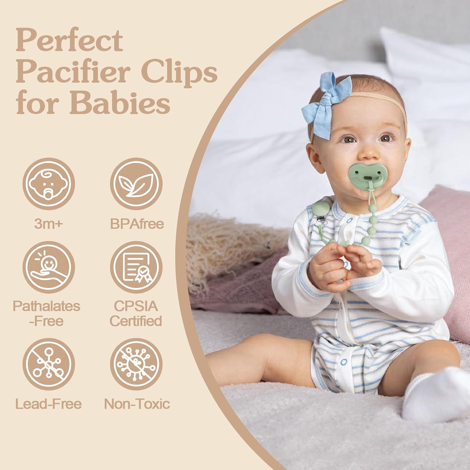 Thumbnail 2 de Bebecalin Dummy Clip – Mam Pacifier Clips and Bib Pacifier Clip (3-Pack) in Sage, Apricot & Purple