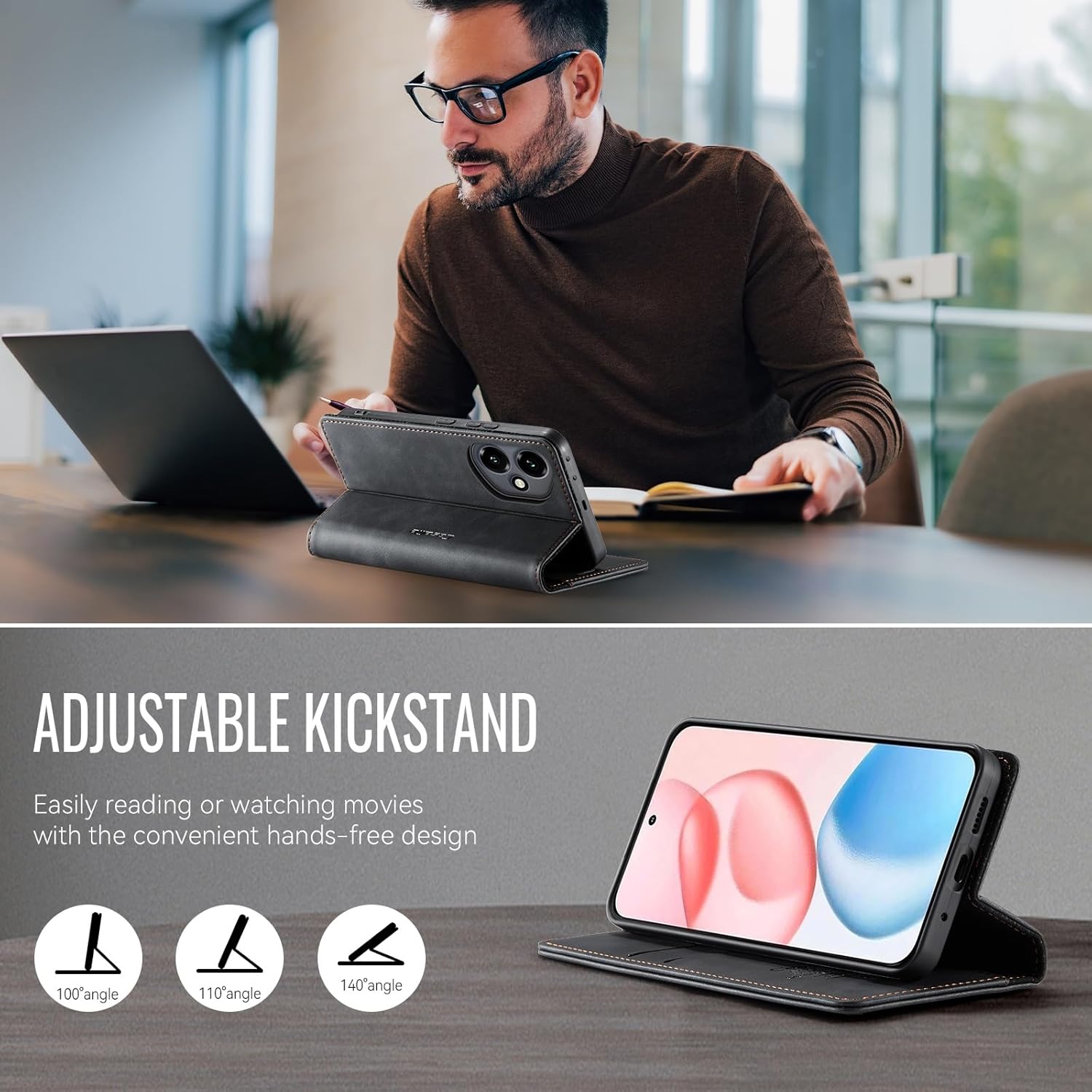 Thumbnail 5 de owlhold Honor 400 5G Klapphülle mit Standfunktion, RFID-Schutz und Kartenfächern (Schwarz)