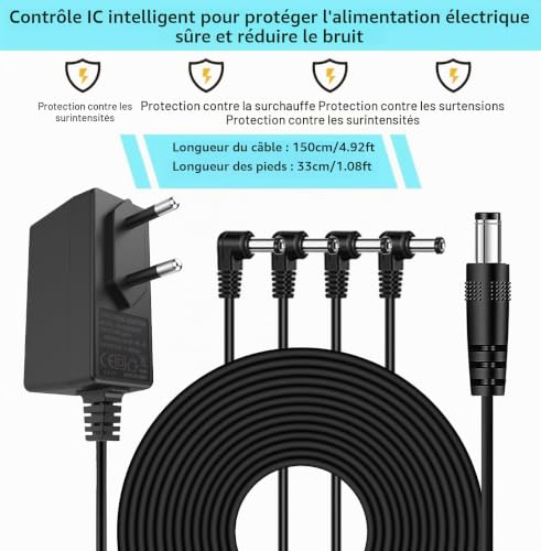 Thumbnail 1 de JOYO Alimentation Secteur 9V DC pour Pédales (800mA–1A) avec 4 câbles Daisy Chain – Compatible majorité de pédales (pointe négative)