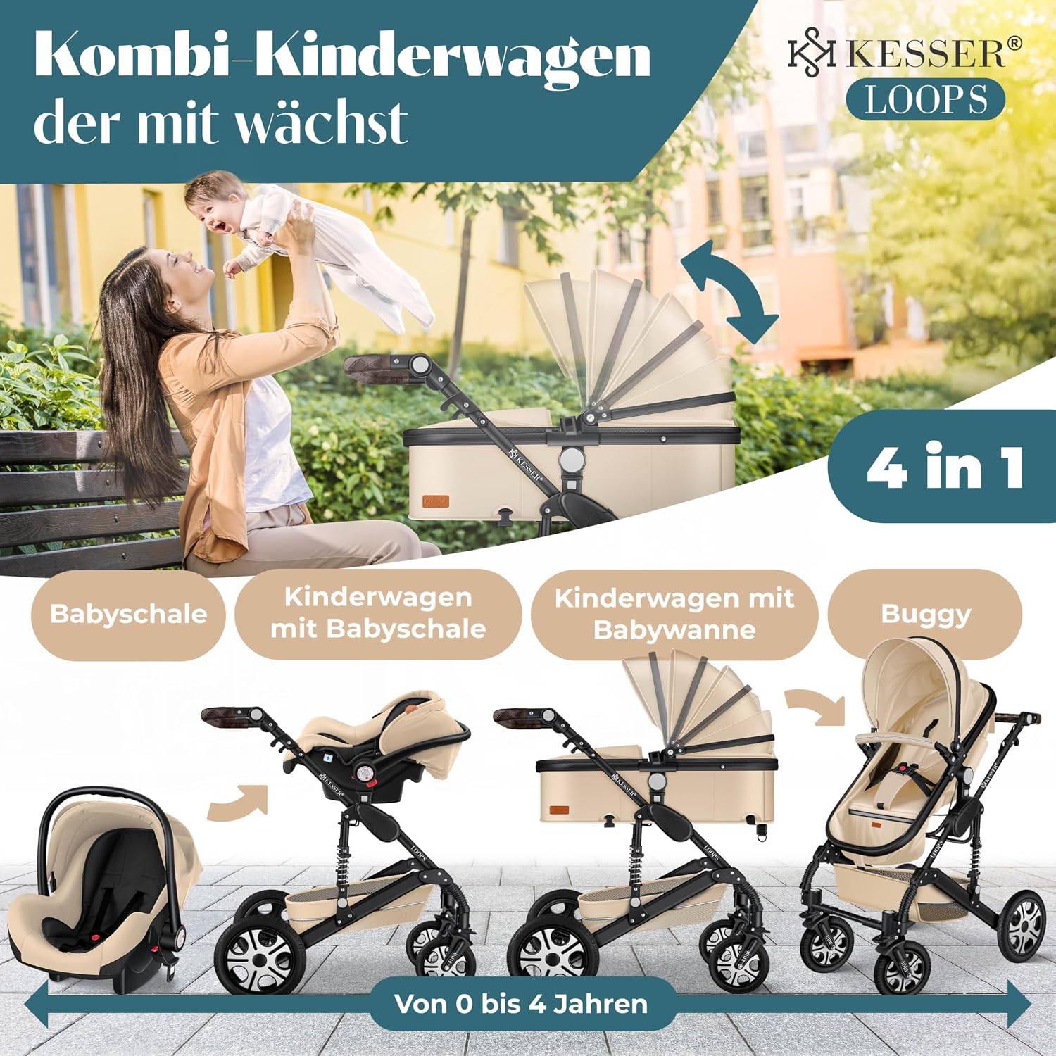 Thumbnail 1 de KESSER Loops 4-in-1 Kombikinderwagen Set inkl. Babywanne, Sportsitz, Babyschale, Wickeltasche & mehr – Beige/Schwarz