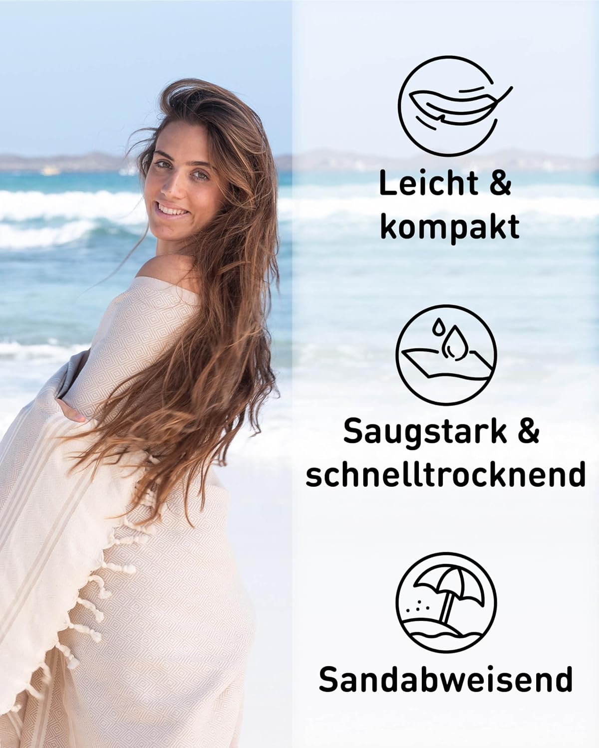Detalle de Fit-Flip Hamamtuch aus 100% Baumwolle – 100x200 cm Diamond, saugfähig & schnelltrocknend