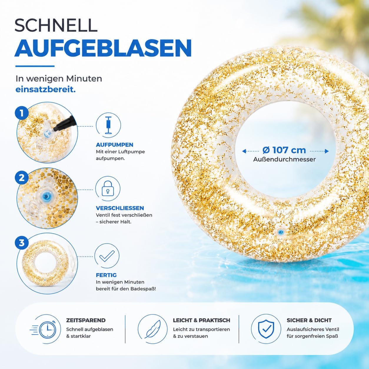 Detalle de Aufblasbarer Schwimmring – Glitzer-Luftmatratze für Pool, Strand und See