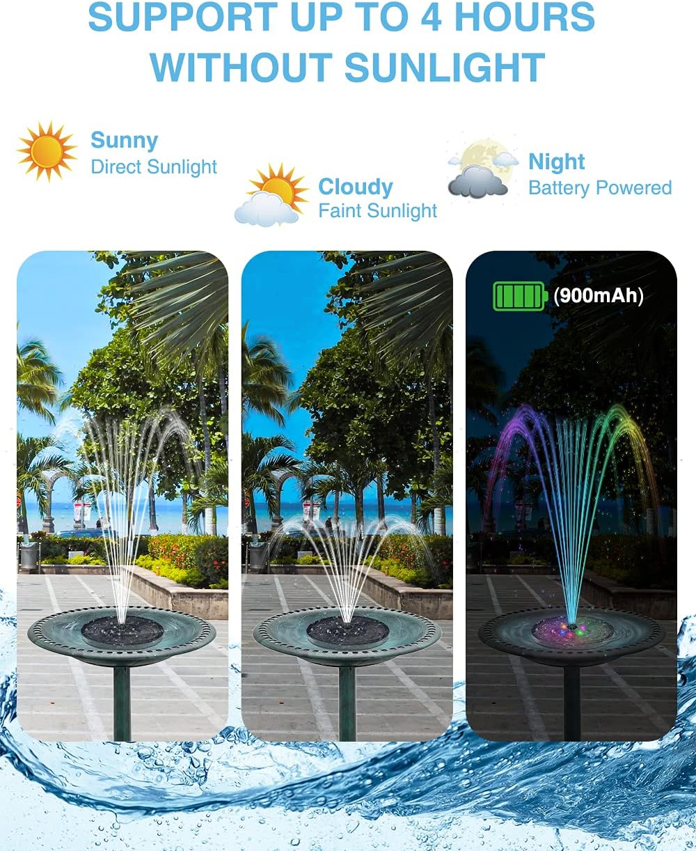 Thumbnail 3 de Solar Fountain for Bird Bath (3W) with LED Lights, 8 Nozzles and Anti-Collision Bars – Black
