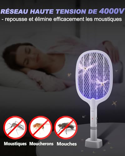 Thumbnail 1 de AOKKR Raquette Électrique Insectes 2 en 1 – UV 4000V, 1800mAh, Base de recharge