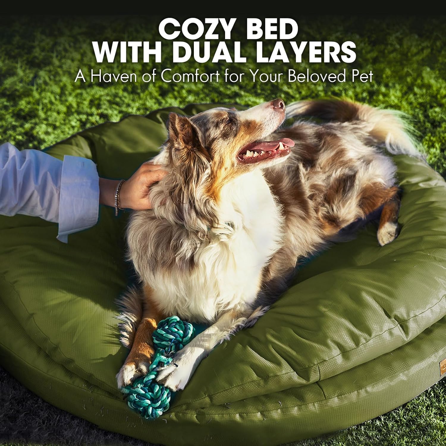 Detalle de ClevaHome Cuccia Ortopedica per Cani — Letto Rotondo a Doppio Strato, Tessuto Idrorepellente, Fondo Antiscivolo e Copertura Lavabile (Verde Oliva, L)