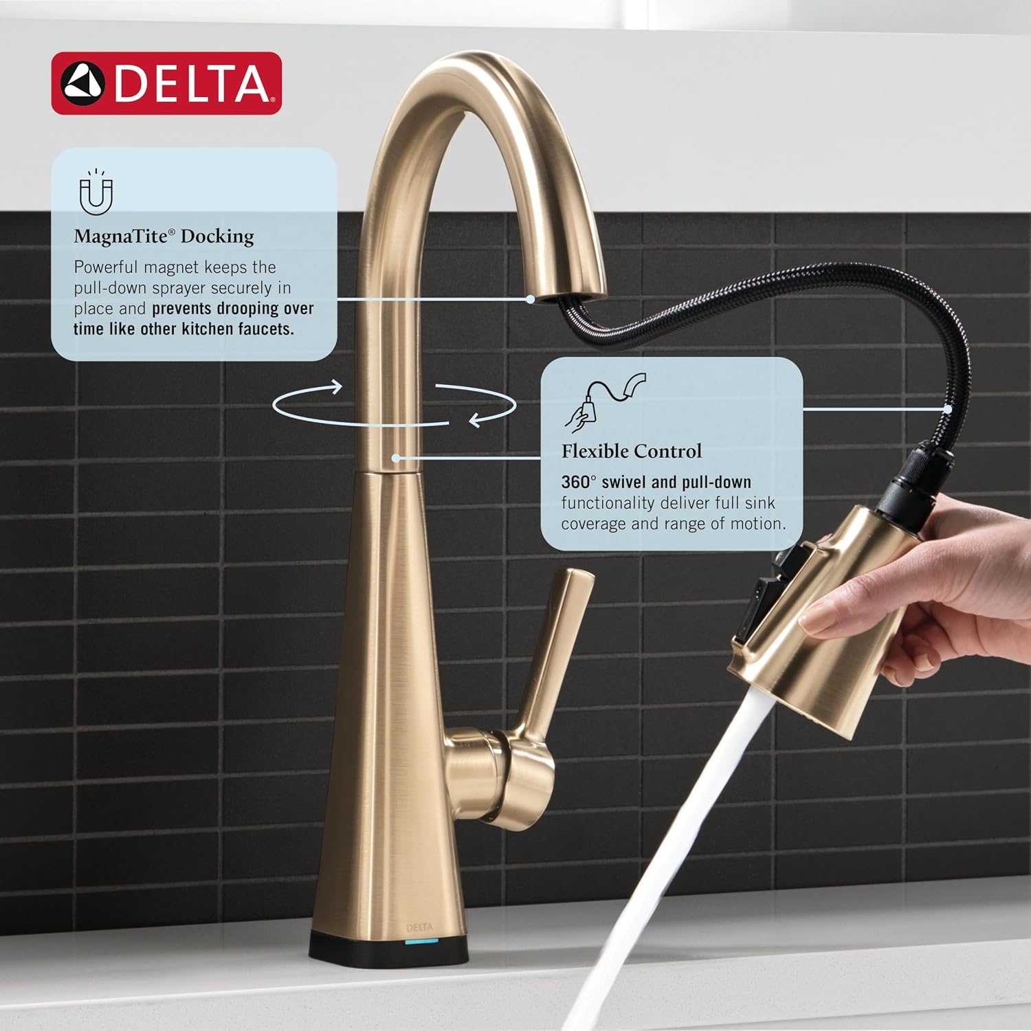 Detalle de Delta Lenta 19802TLZ-CZ-DST Touchless Kitchen Faucet, Champagne Bronze, Pull-Down Sprayer