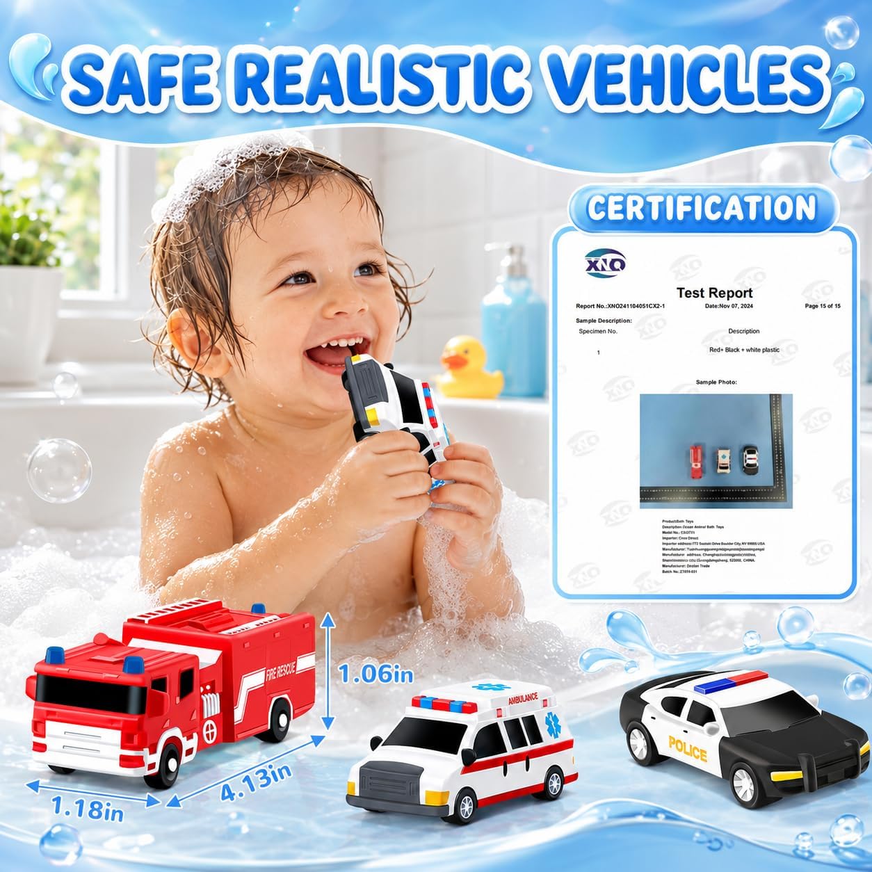 Detalle de Kein Loch Badspielzeug – 3‑teilige Auto-Badespielzeug-Kollektion für Kleinkinder (Polizei, Feuerwehr, Krankenwagen)