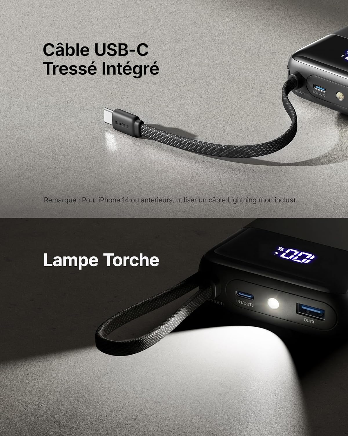 Detalle de INIU Petit Batterie Externe 45W (20.000 mAh) avec câble USB‑C intégré