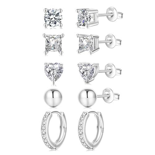 Detalle de EXGOX Sterling Silver Stud Earrings – 5 Pairs of Hypoallergenic 925 Silver Hearts, Balls and Cubic Zirconia