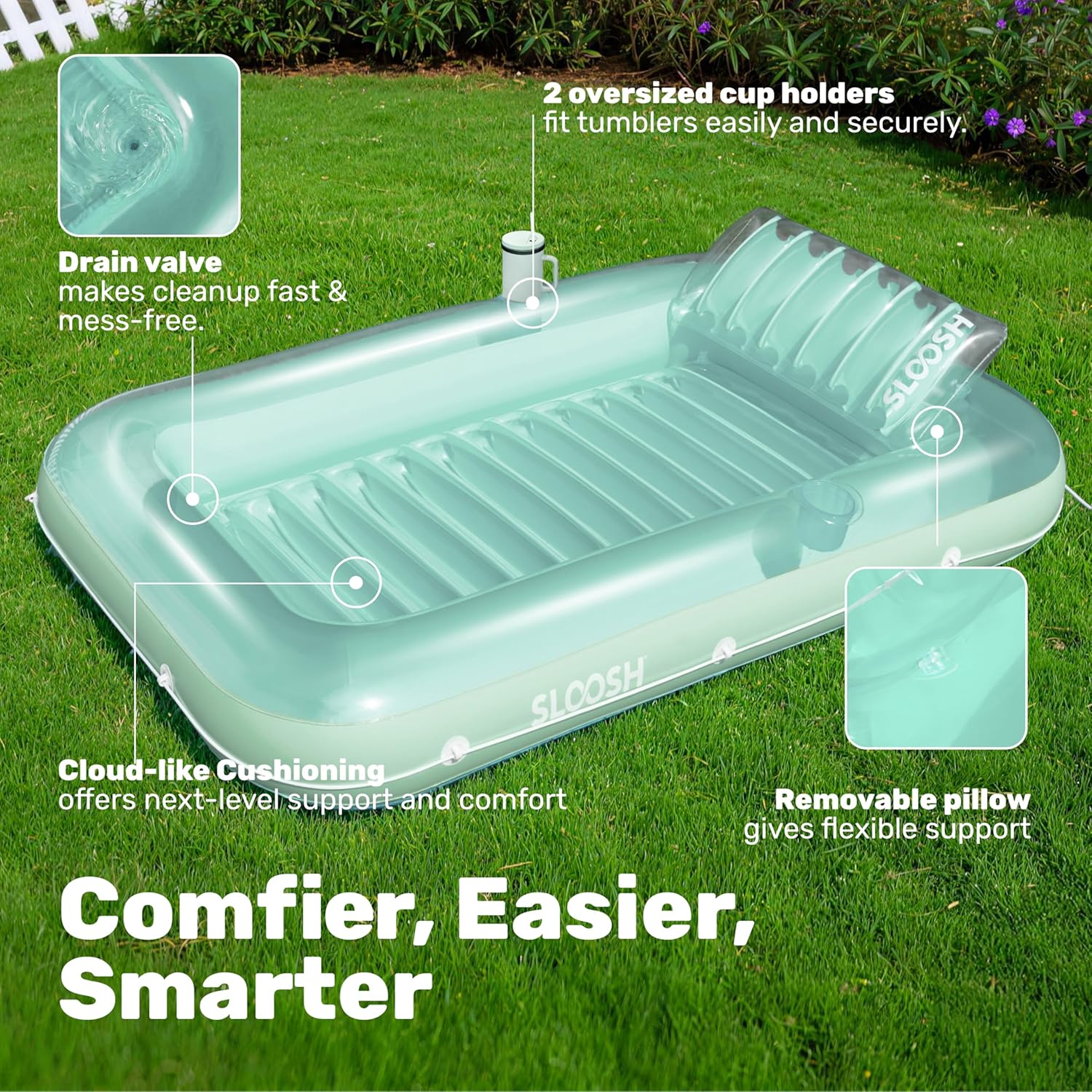 Thumbnail 3 de SLOOSH Inflatable Tanning Pool Lounger Float (85" x 57") with Pillow, 4-in-1 Sunbathing Raft Floatie – XL-Cyan