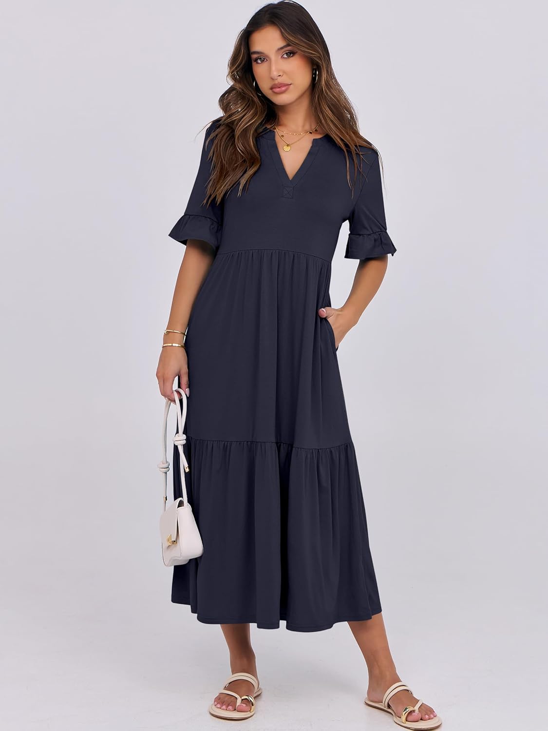 Detalle 2 de ANRABESS Women’s Summer Maxi Dress with Ruffle Short Sleeves, V-Neck & Tiered Skirt