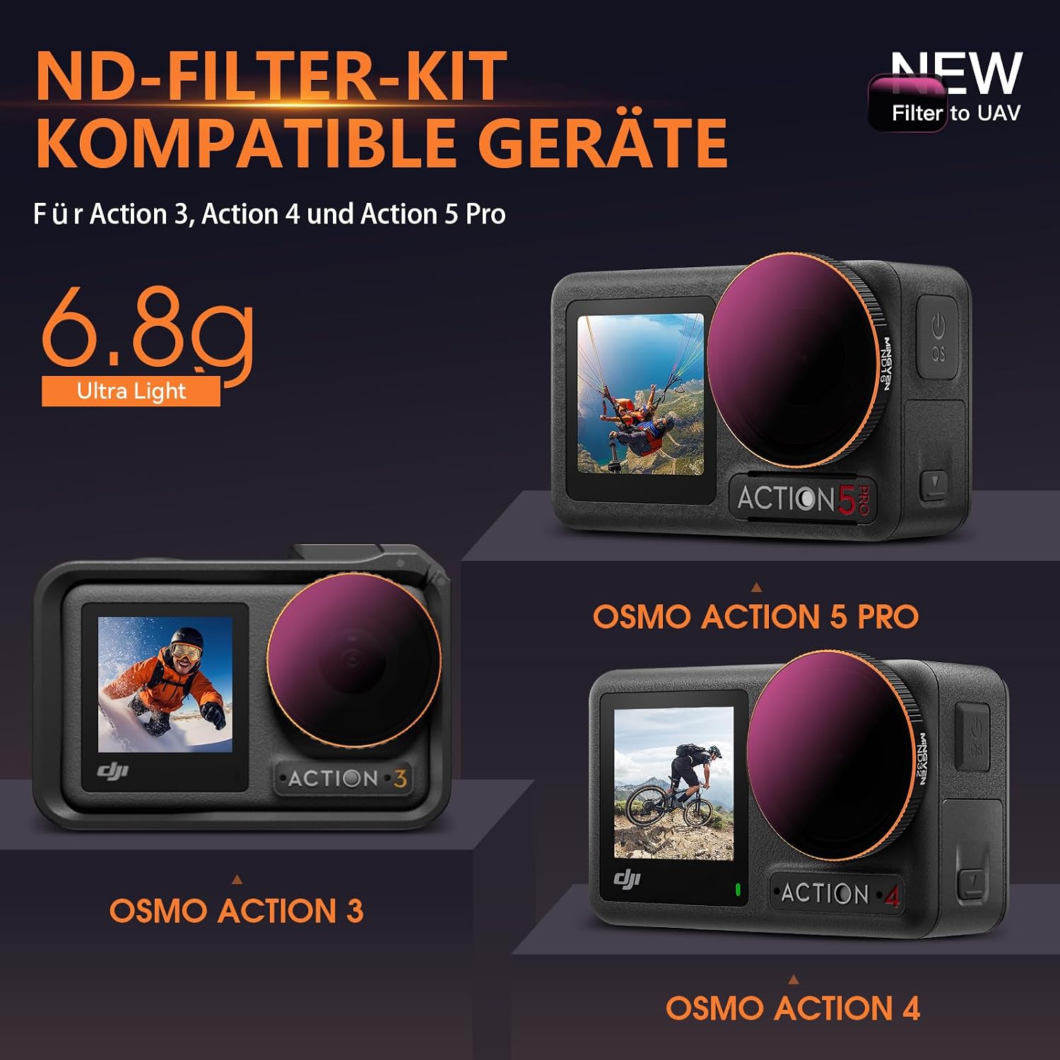 Detalle de MINGVEN ND-Filter-Set für DJI Osmo Action 5 Pro (CPL + ND-Filter, 4er-Set) – kompatibel mit Action 4/3