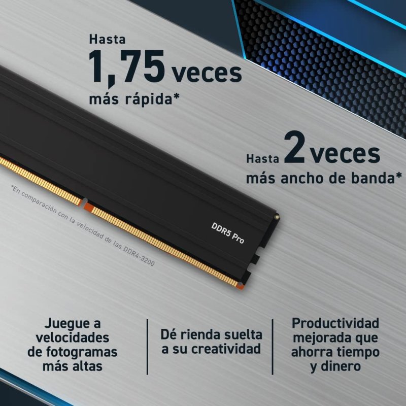 Detalle de Crucial Pro DDR5 5600 MHz 32GB (2x16GB) CL46, memoria de alto rendimiento para PC modernos