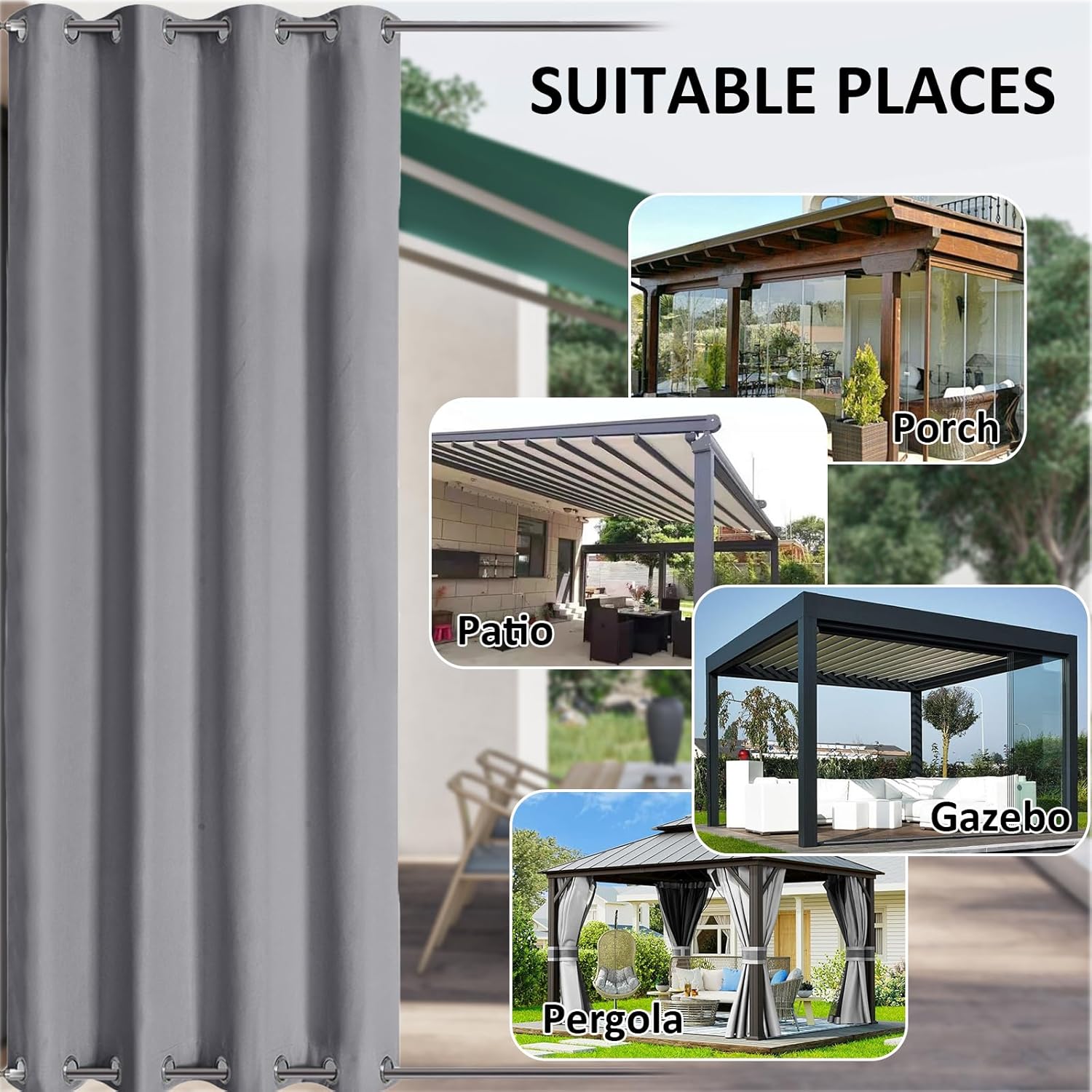 Thumbnail 6 de LiveGo Outdoor Curtains Waterproof with Grommet (Top and Bottom) – 2 Panels, Light Grey, 140 × 275cm