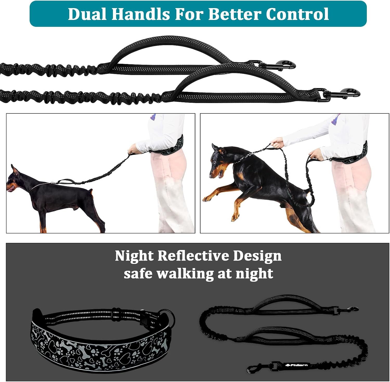 Detalle de Philorn Heavy Hands Free Dog Lead with Wide Waist Belt – Dual Handles, 50kg Shock Absorbing Bungee, Reflective for Medium to Large Dogs