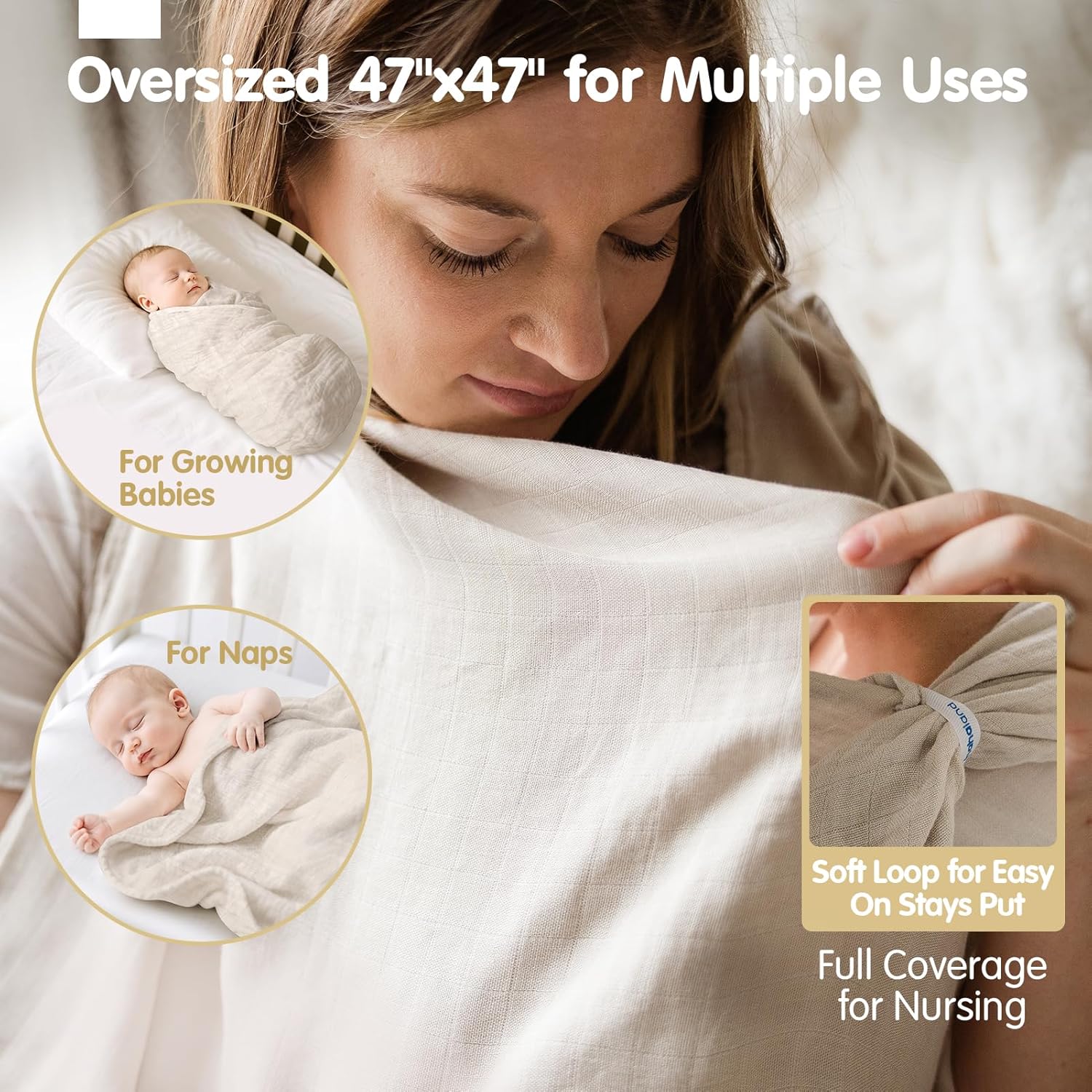 Thumbnail 4 de hahaland 100% Bamboo Muslin Swaddle Blankets 3 Pack (1 Large 120x120cm + 2 Standard 100x100cm) – Ultra Soft, Breathable Baby Cloths (Gold)