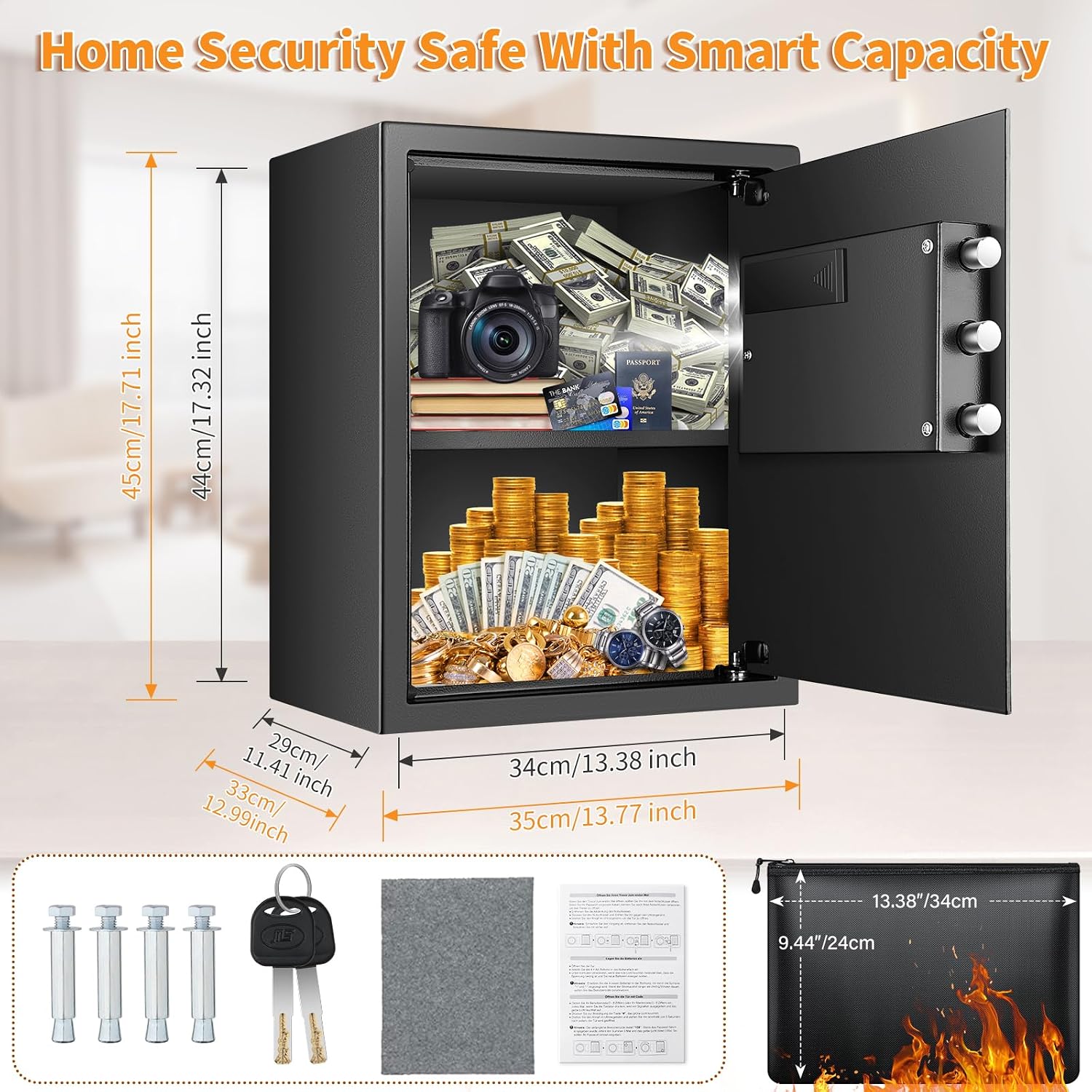 Thumbnail 4 de Mejasg Large Fireproof Safe for Home (52L) with Alarm, Silent Mode & A4 Fireproof Bag