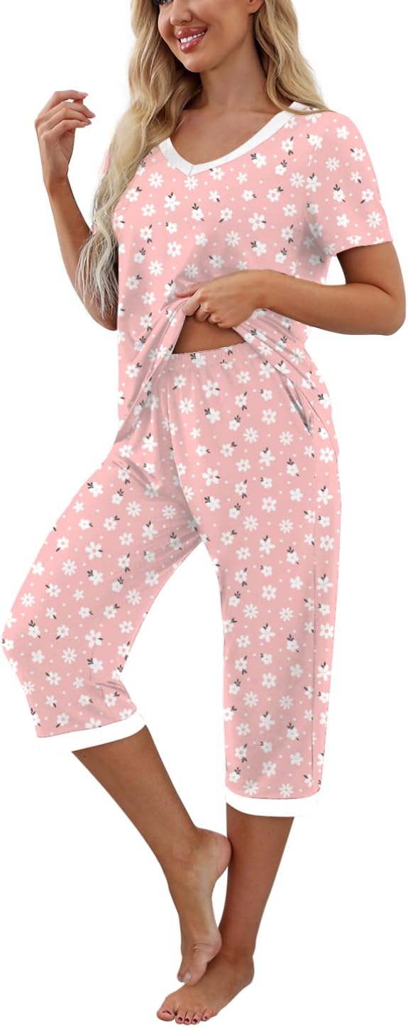 Detalle 2 de PrinStory women’s short sleeve pyjamas set with capri bottoms and pockets (rayon blend)