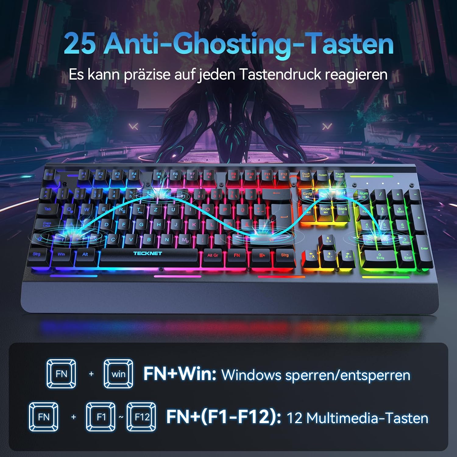 Thumbnail 5 de TECKNET Gaming-Tastatur kabellos (QWERTZ, deutsches Layout) mit RGB, 105 Tasten und Handgelenkauflage