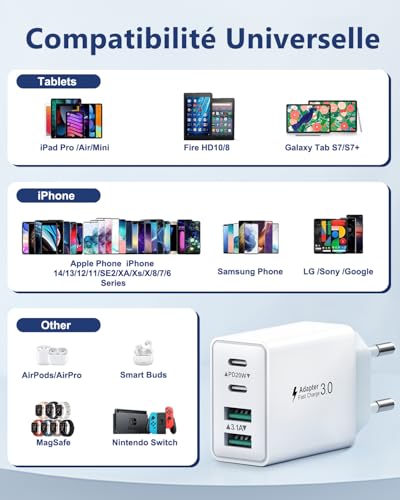 Thumbnail 5 de LumFocus Chargeur USB-C 40W à 4 ports – PD/QC 3.1A, Multi-prise rapide