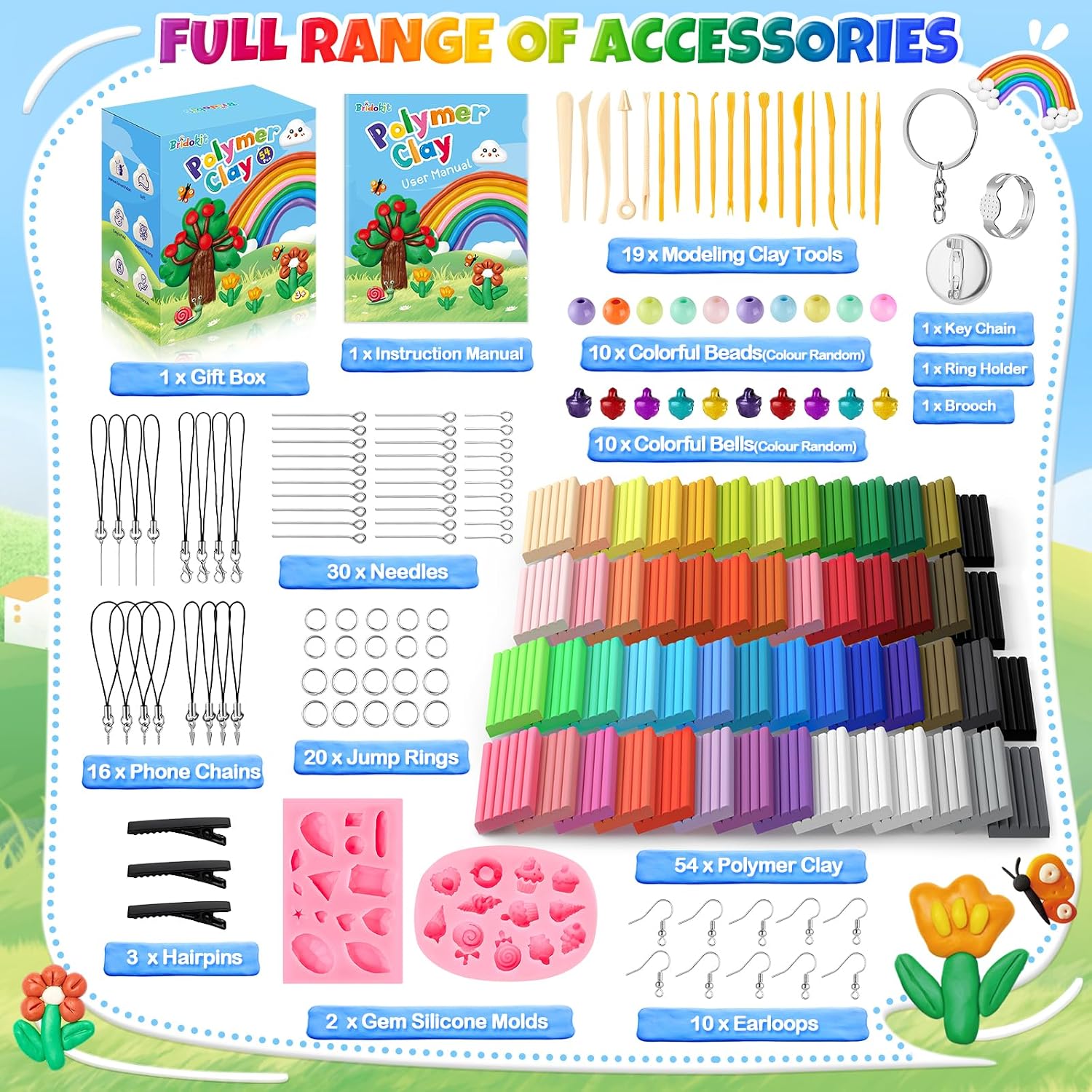 Thumbnail 2 de Bridokit 54 Stück Knete Kit – Polymer Clay Set mit 19 Modellierwerkzeugen und 2 Formen für Ohrringe, Haarspangen & mehr