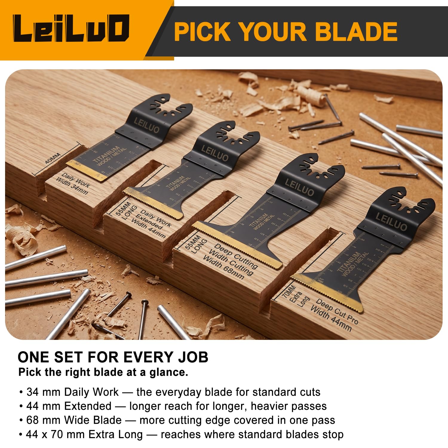 Detalle 2 de LEILUO 20-Piece Titanium-Coated Oscillating Tool Blades for Metal and Wood