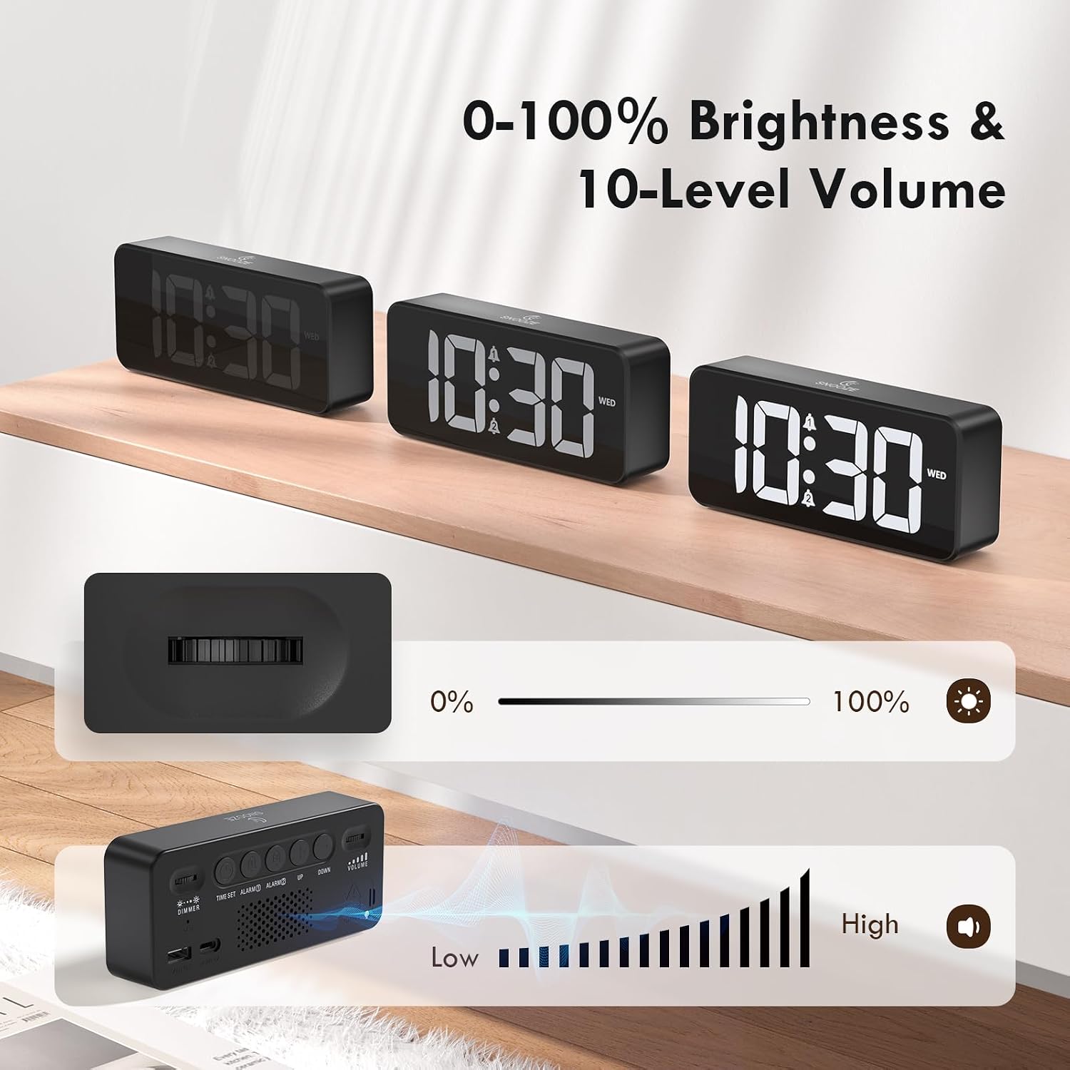Thumbnail 4 de CHEREEKI mains powered bedside alarm clock with large LED display, dual alarms and USB charging