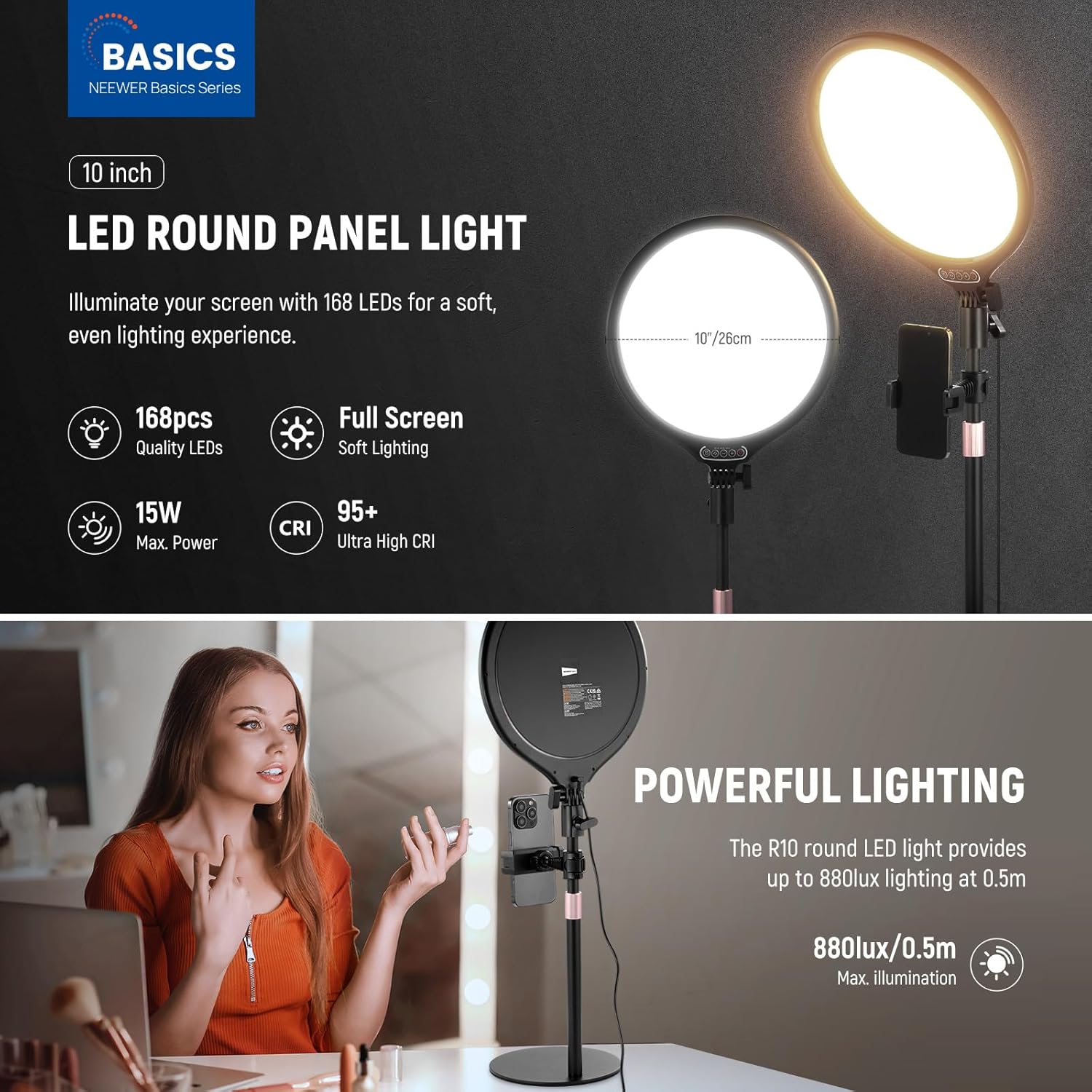 Thumbnail 2 de NEEWER Basics 10,5" Tischringlicht mit Ständer, Timer & Handyhalterung (15W, dimmbar, USB A)