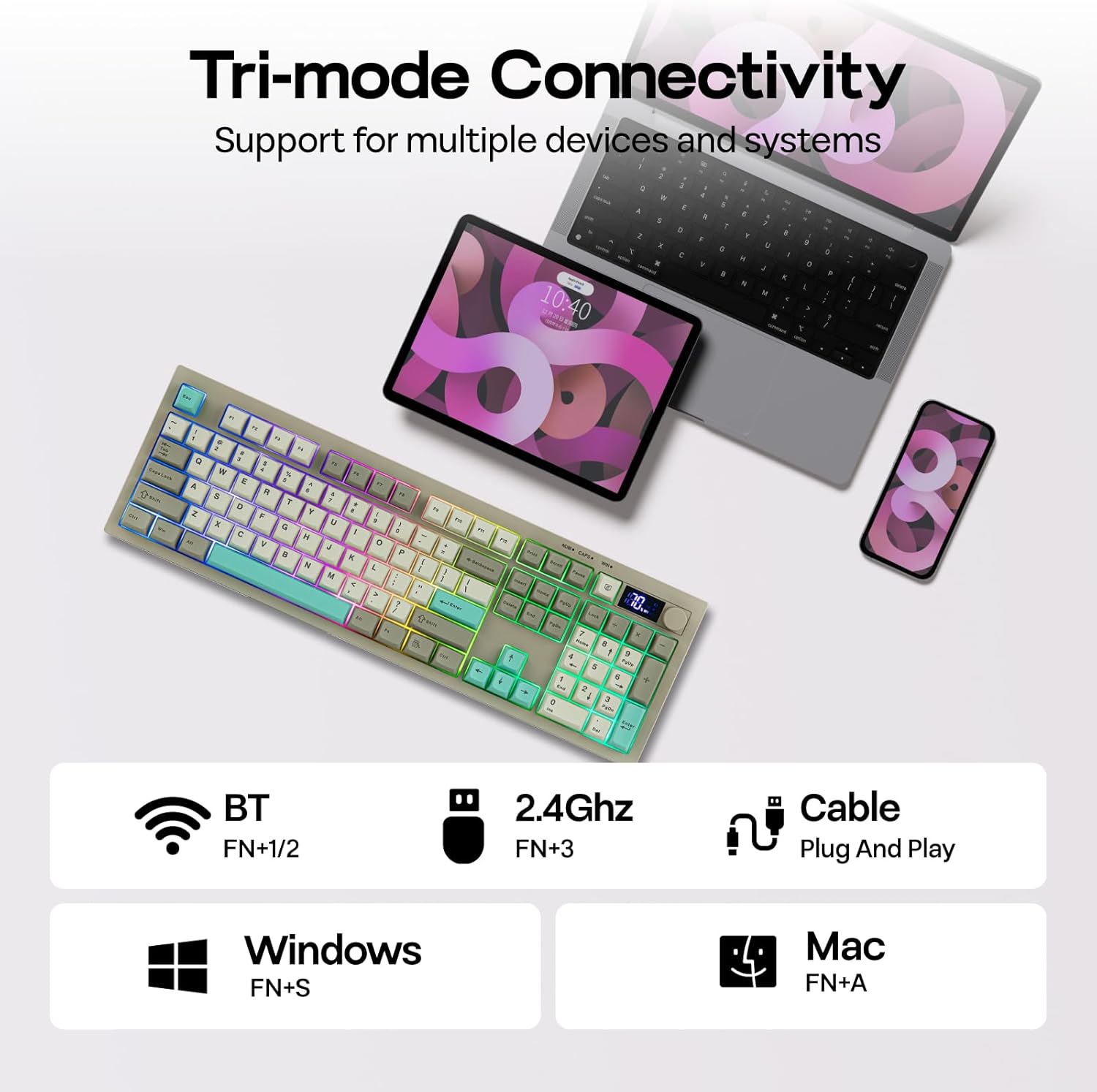 Detalle de EPOMAKER Aula S102 Pro : Clavier Gaming à Membrane avec Écran TFT, Volume et Pavé Numérique – Tri‑Mode, RGB et Silencieux