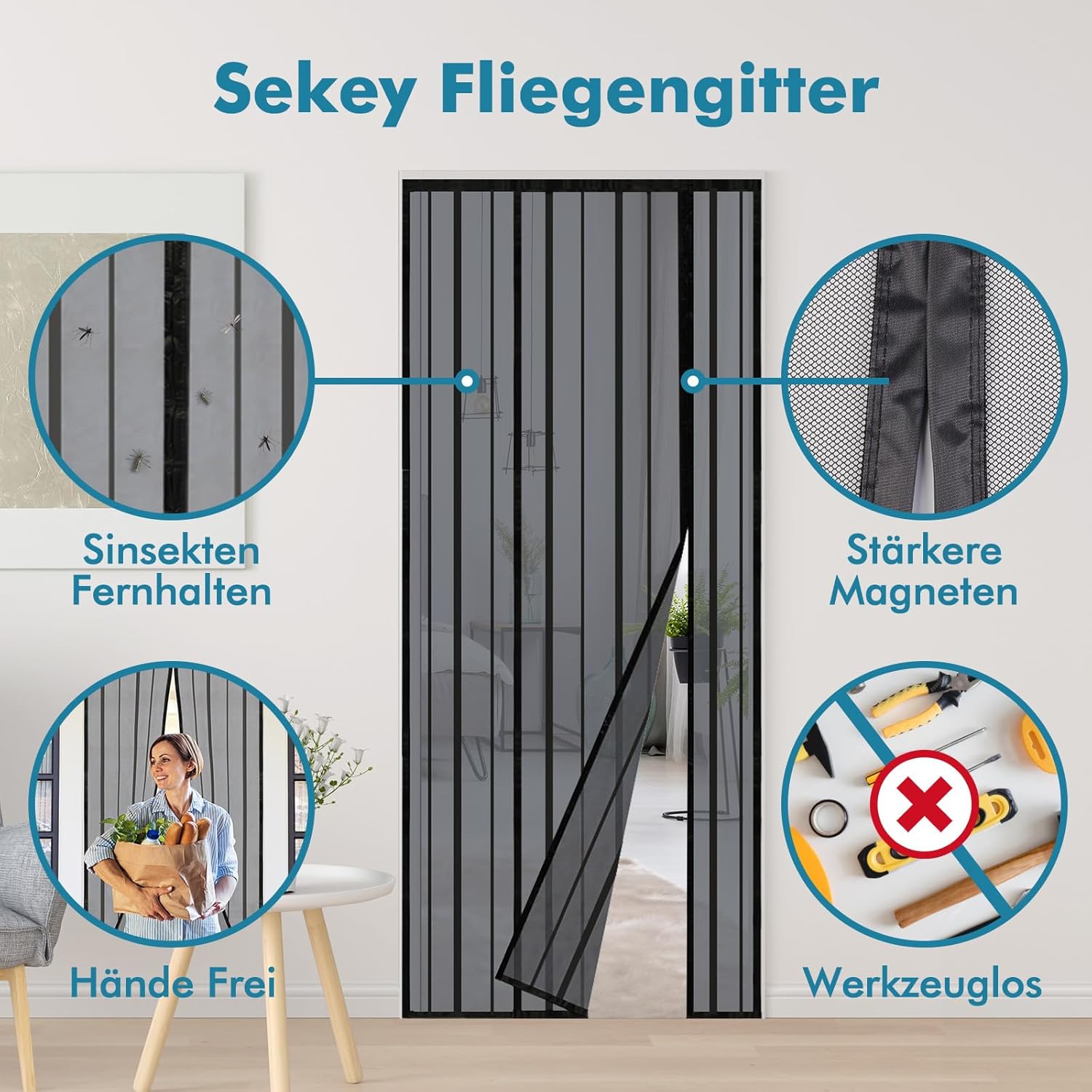 Detalle de Sekey Fliegengitter Tür Vorhang – magnetisch, ohne Bohren, 95x210 cm, schwarz