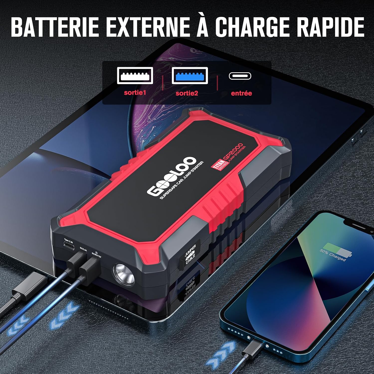 Detalle 2 de GOOLOO GP2000 Booster Batterie Voiture 12V 2000A avec pinces sécurité intelligentes, lampe LED et sorties charge rapide 3.0