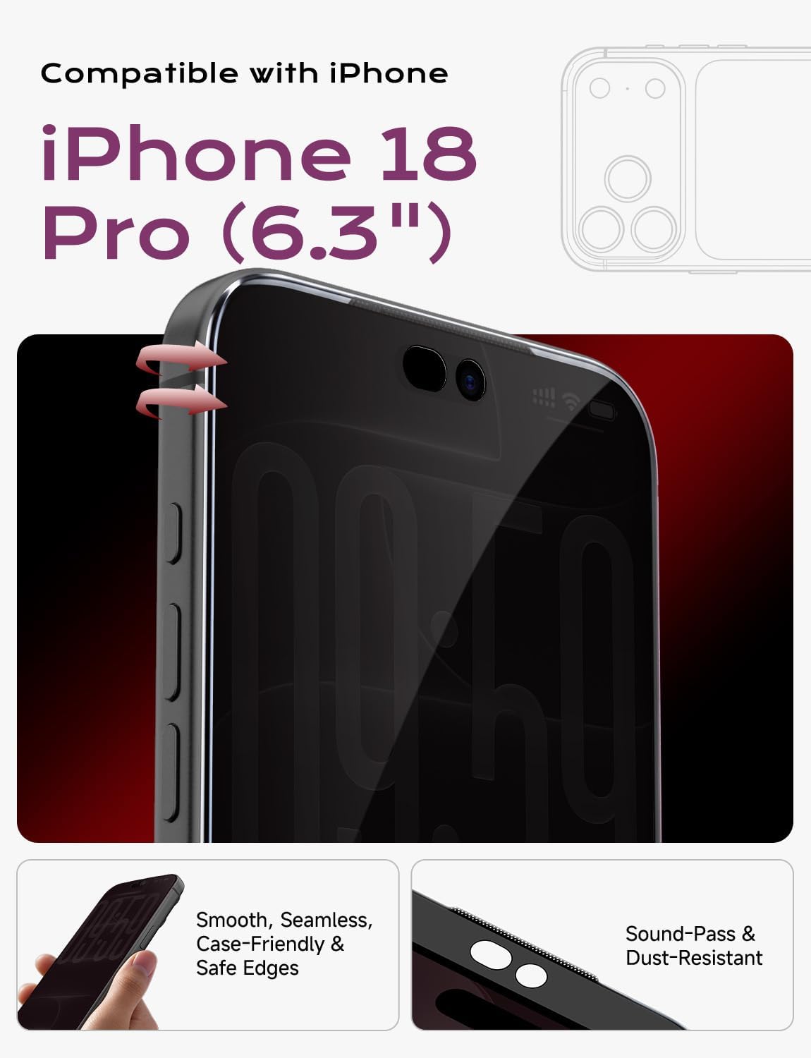 Thumbnail 1 de MAGIC JOHN iPhone 18 Pro Privacy AR Screen Protector, 2-Pack Tempered Glass