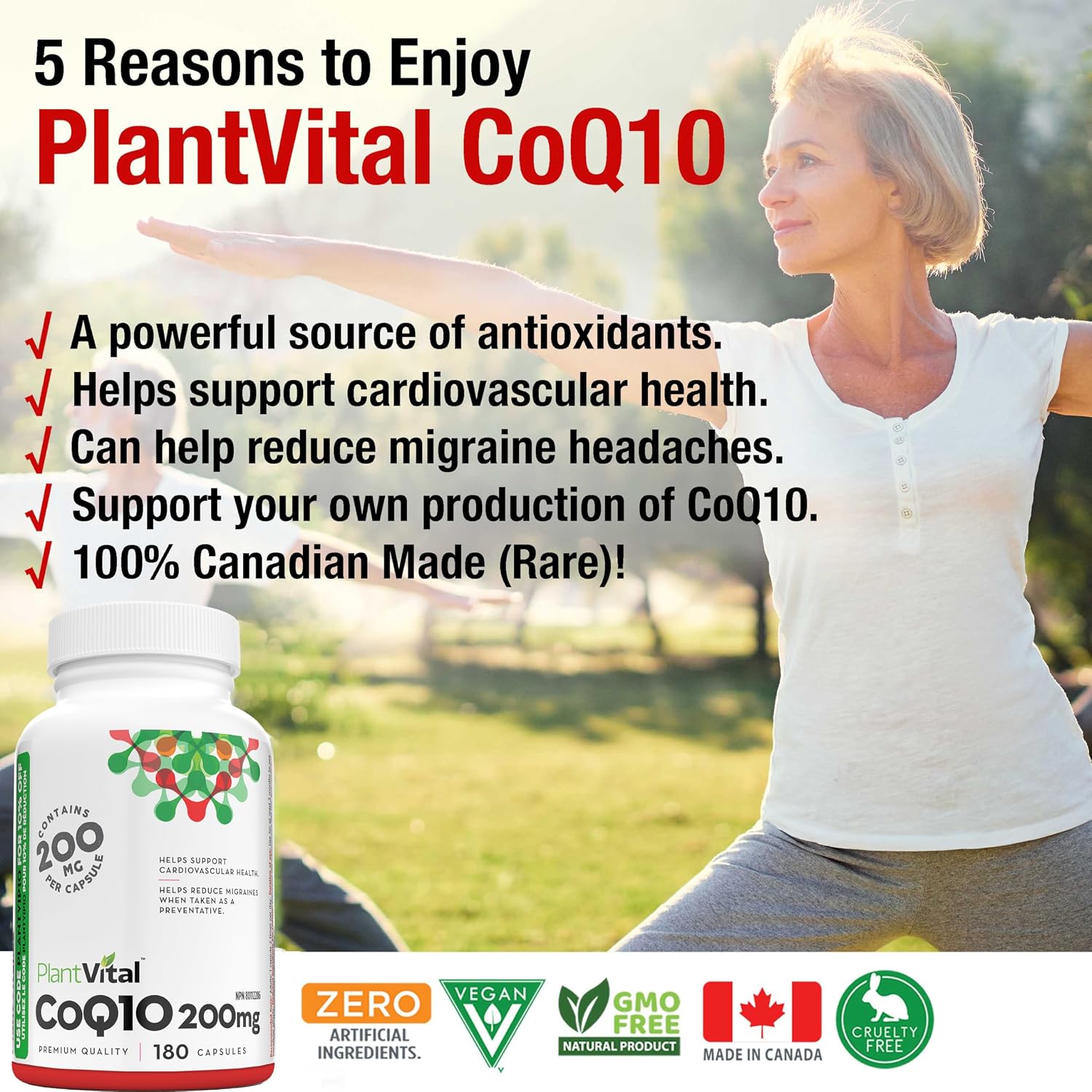 Detalle de PlantVital Coenzyme Q10 CoQ10 Supplement, 200 mg Vegan Capsules, 180 Count