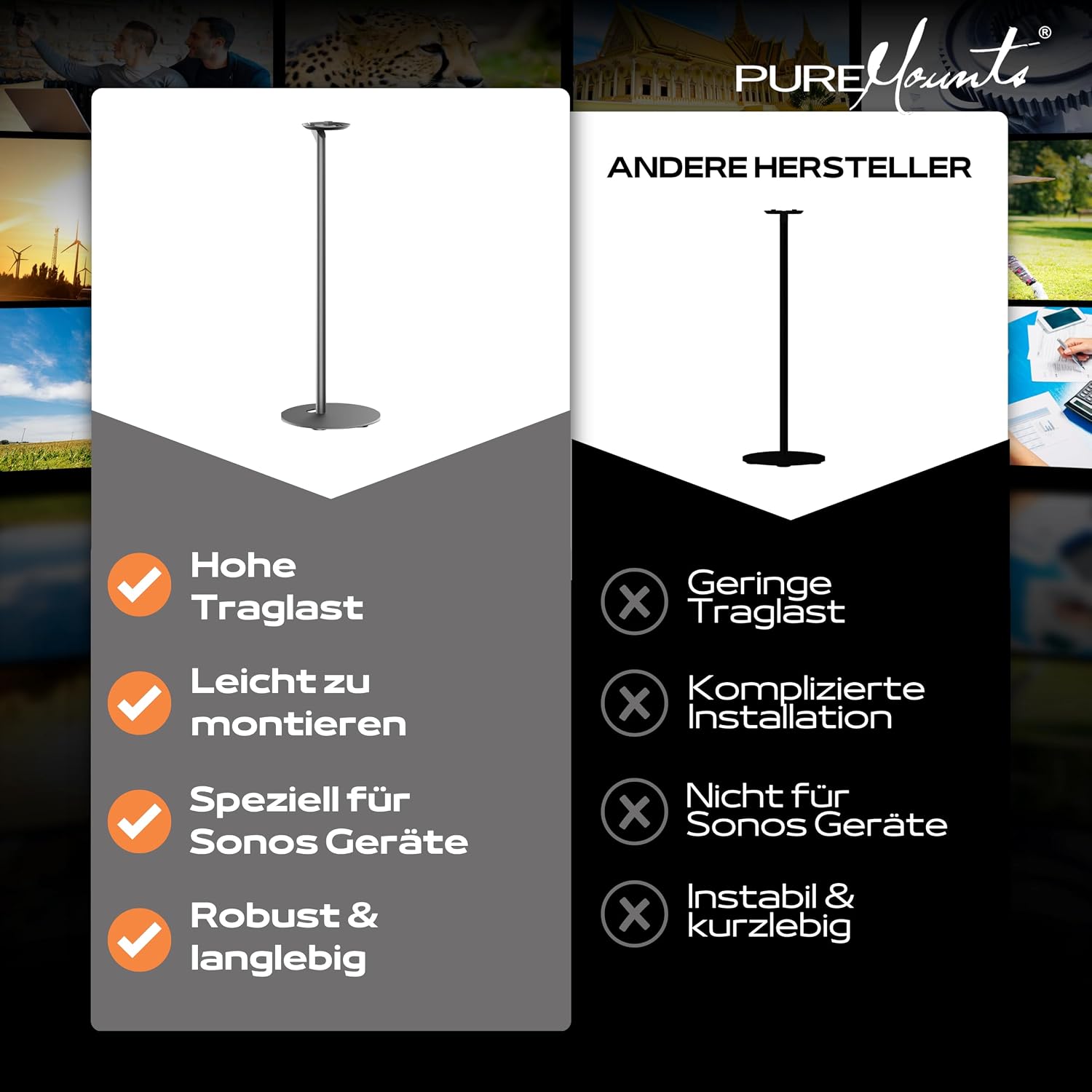 Detalle de PureMounts SOM-170 – stojak do Sonos Era 100 ze stalową konstrukcją i prowadzeniem kabli