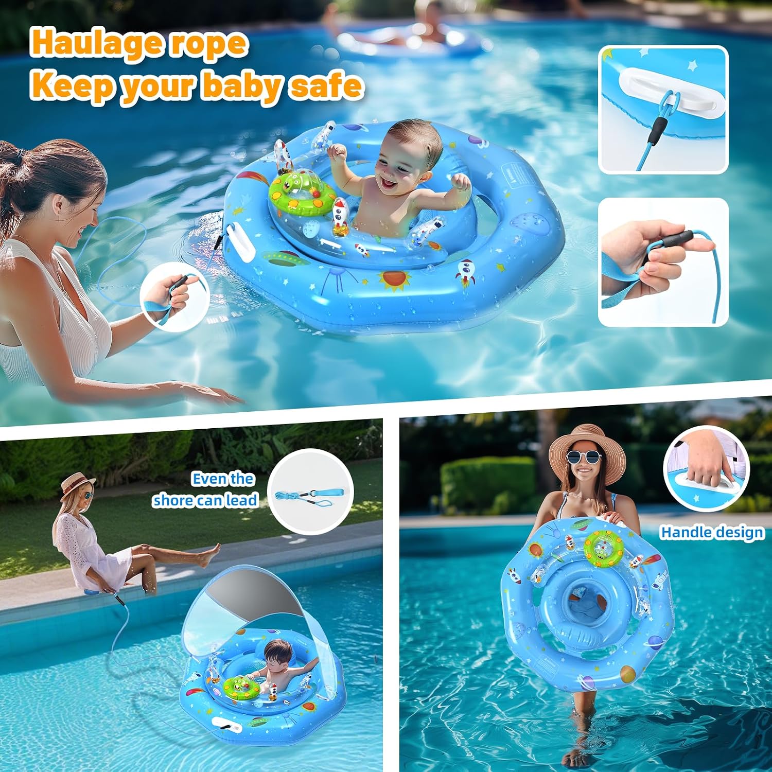 Thumbnail 1 de GEEQUFLOAT Baby Pool Float with Canopy — Inflatable UPF50+ Sun Protection, Adjustable Safety Seat, Toy Play Console
