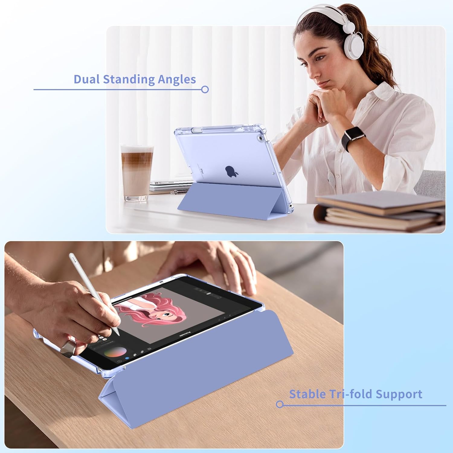 Detalle de MoKo Cover per iPad 9a/8a/7a Generazione 10,2'' (2021/2020/2019) con Portapenna: custodia trifold leggera in PC rigido e lavanda