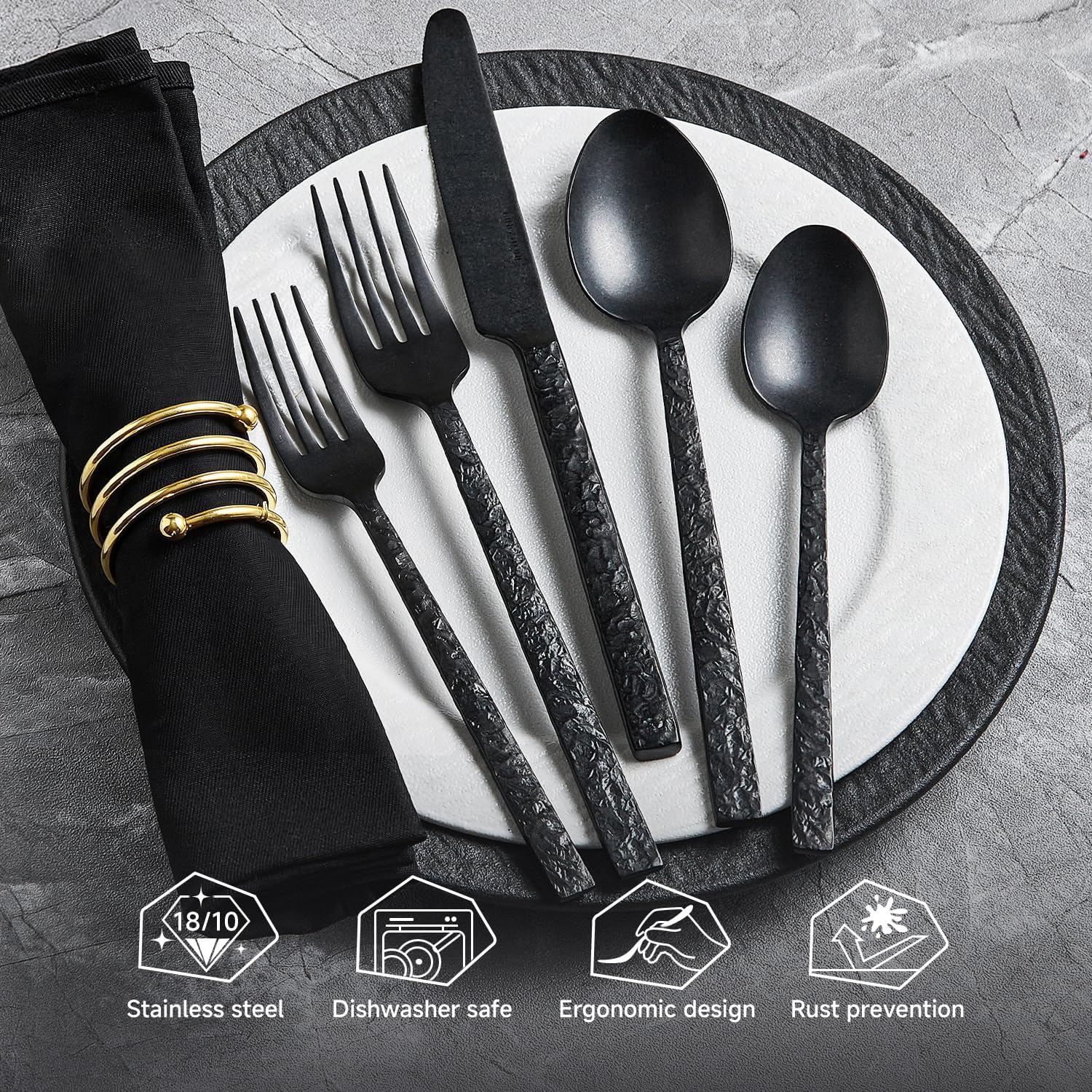 Detalle de KINGSTONE 30-Piece Black Hammered Silverware Set for 6 (18/10 Stainless Steel) — Dishwasher Safe