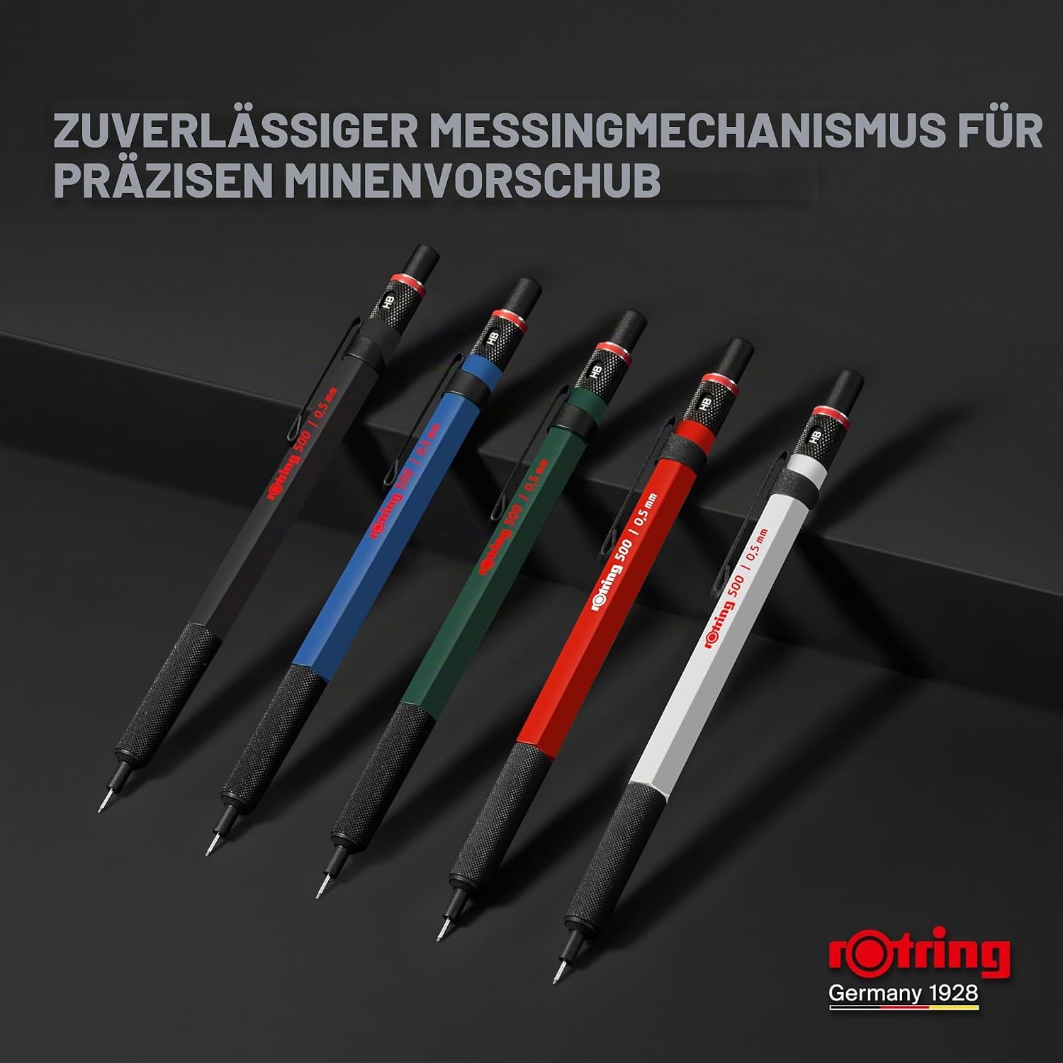 Detalle de rOtring 500 Druckbleistift mit 0,5 mm Mine – blauer Schaft für präzises Zeichnen