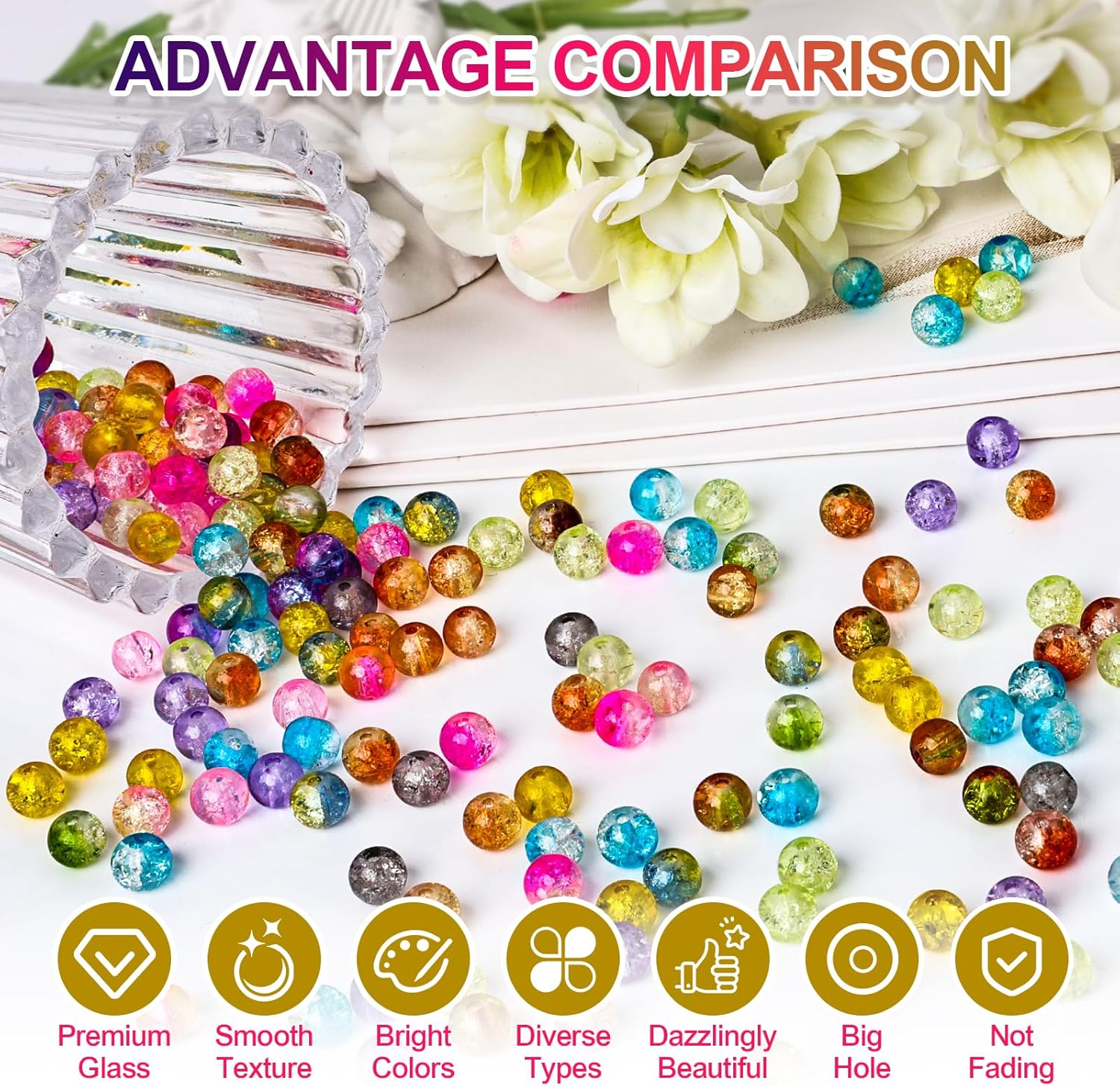 Detalle 2 de XSEINO About 1200+ PCS 6mm Cracked Style Glass Beads Bracelet Making Kit