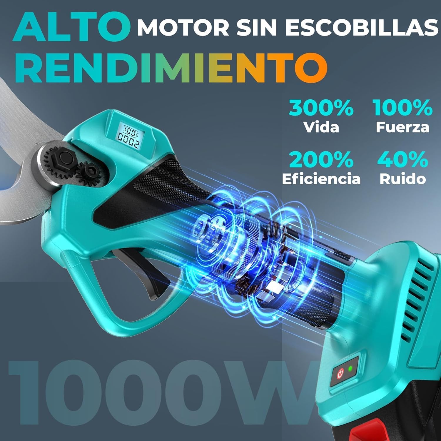 Detalle 2 de Tijeras de Podar Eléctricas 21V de Sukaudiz: potencia sin escobillas, 2 baterías y 33 mm de corte