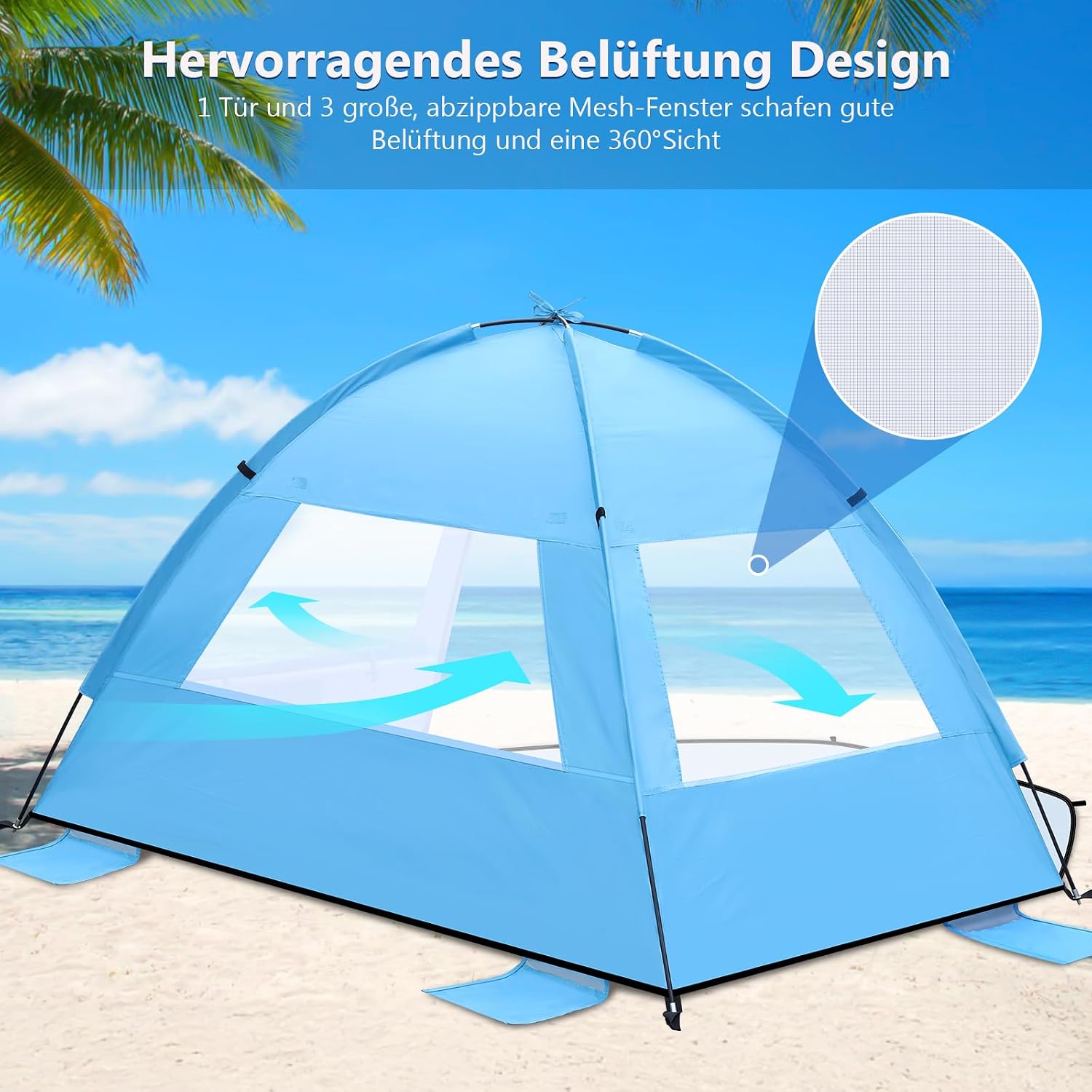 Detalle 2 de Strandmuschel für 1–3 Personen: UV-Schutz UPF 50+, wind- und wasserabweisendes Strandzelt mit kleinem Packmaß