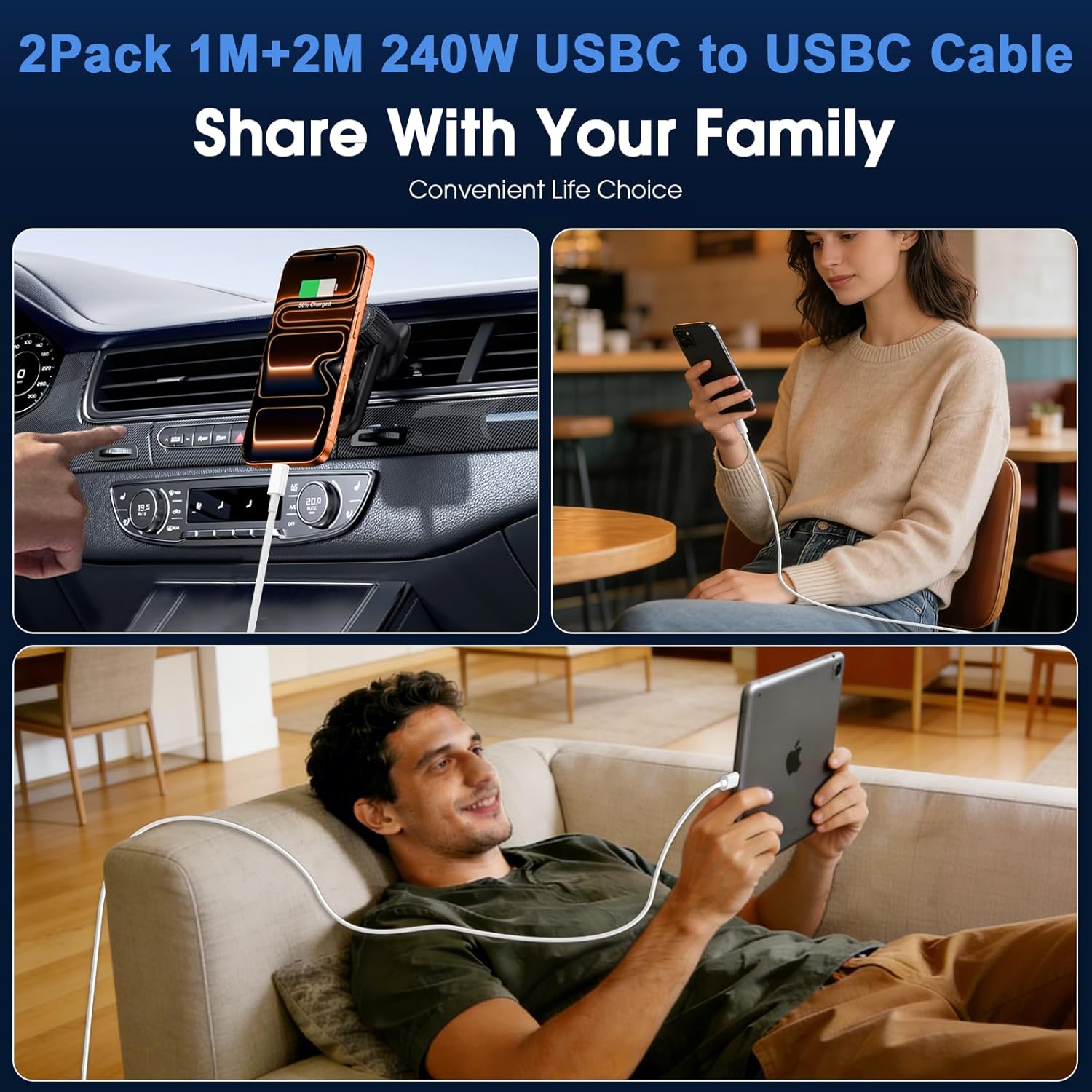 Thumbnail 6 de 240W USB‑C to USB‑C Cable 2 Pack (1m + 2m) for fast USB‑C charging