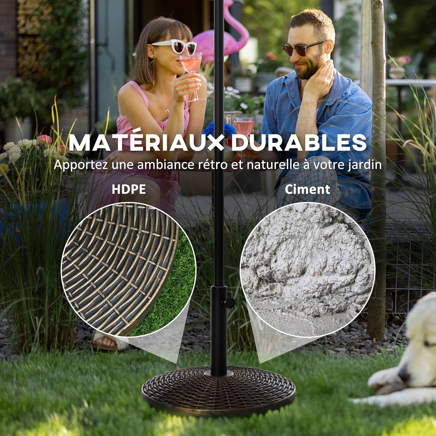 Thumbnail 3 de Outsunny pied de parasol rond sur base de lestage en HDPE imitation rotin, noir bronze