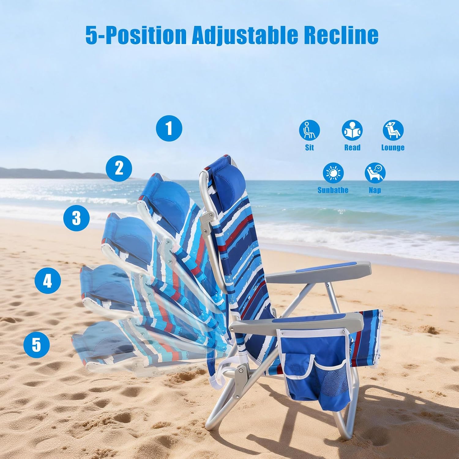 Thumbnail 3 de SUNNYFEEL Low Beach Chair 2 Pack: Portable, 5-Position Reclining Chairs with Cooler Bag