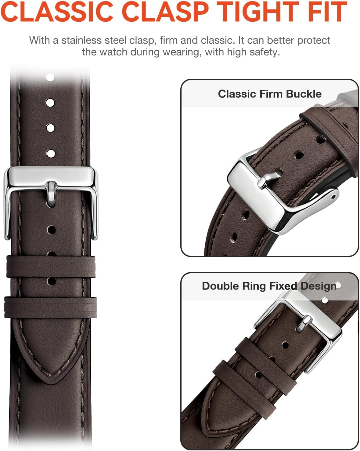 Detalle de SUNFWR Leather Straps for Apple Watch (38–42mm) – Coffee/Silver, fits Series 11 to SE