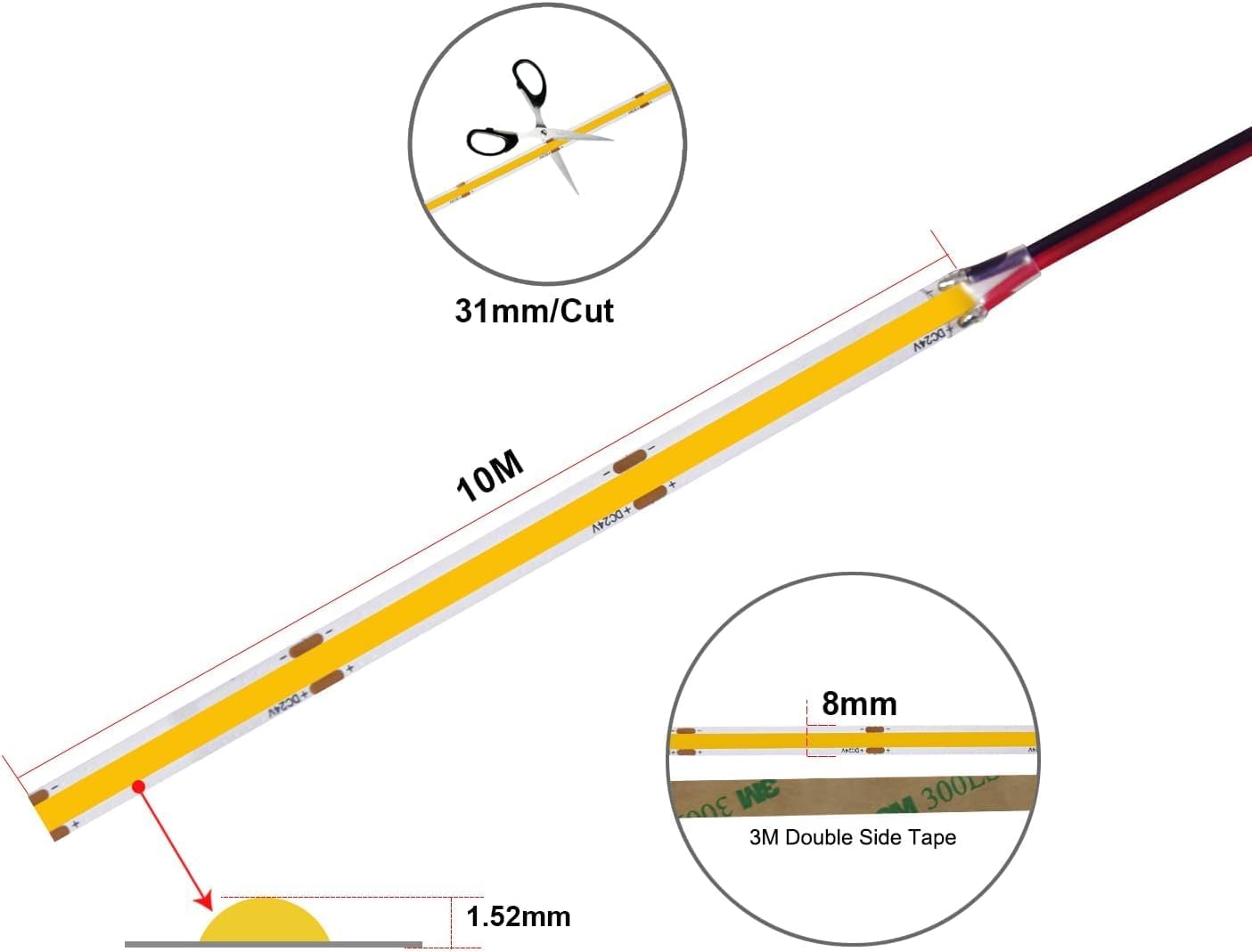 Thumbnail 2 de BERIXDEEP COB LED Strip 10m (Dotless) 384 LED/m, CRI 90+, Warm White 3000K — 24V, no power supply